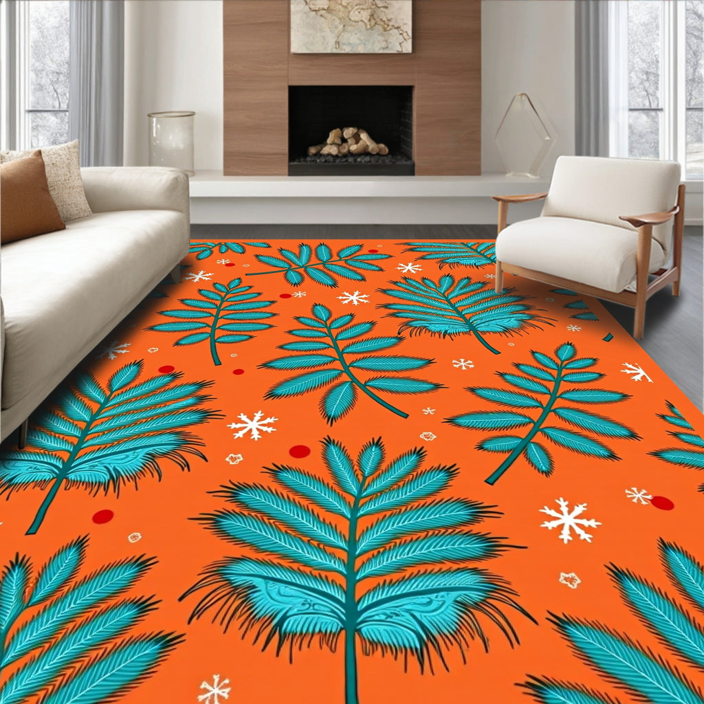 Teal Fern Snowflakes Orange Whimsy Rug