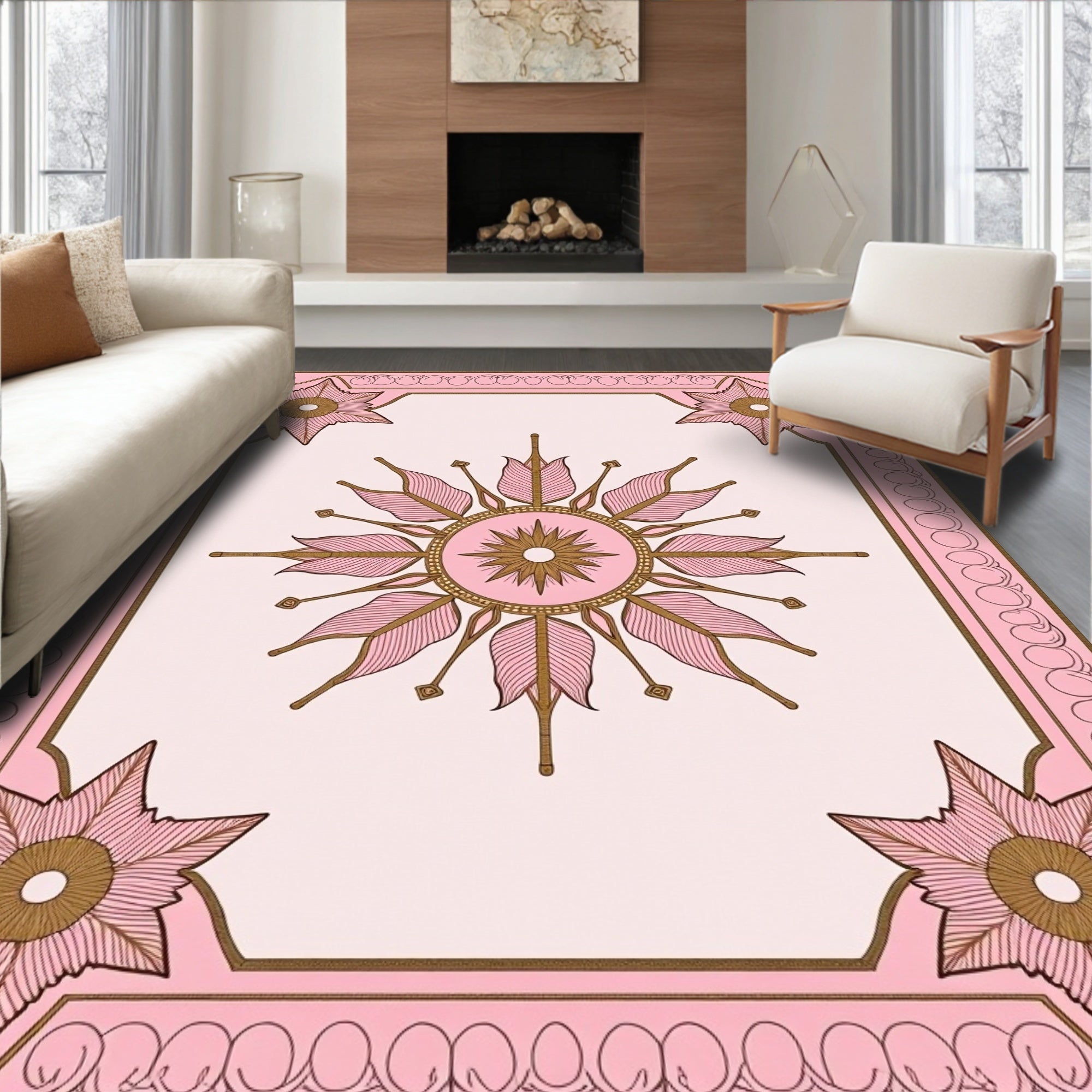 Pink and Gold Sunburst Medallion Rug