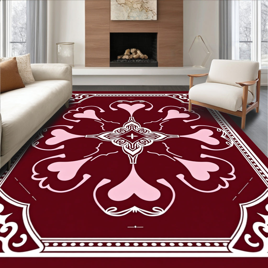 Maroon Heart Swirl Medallion Rug