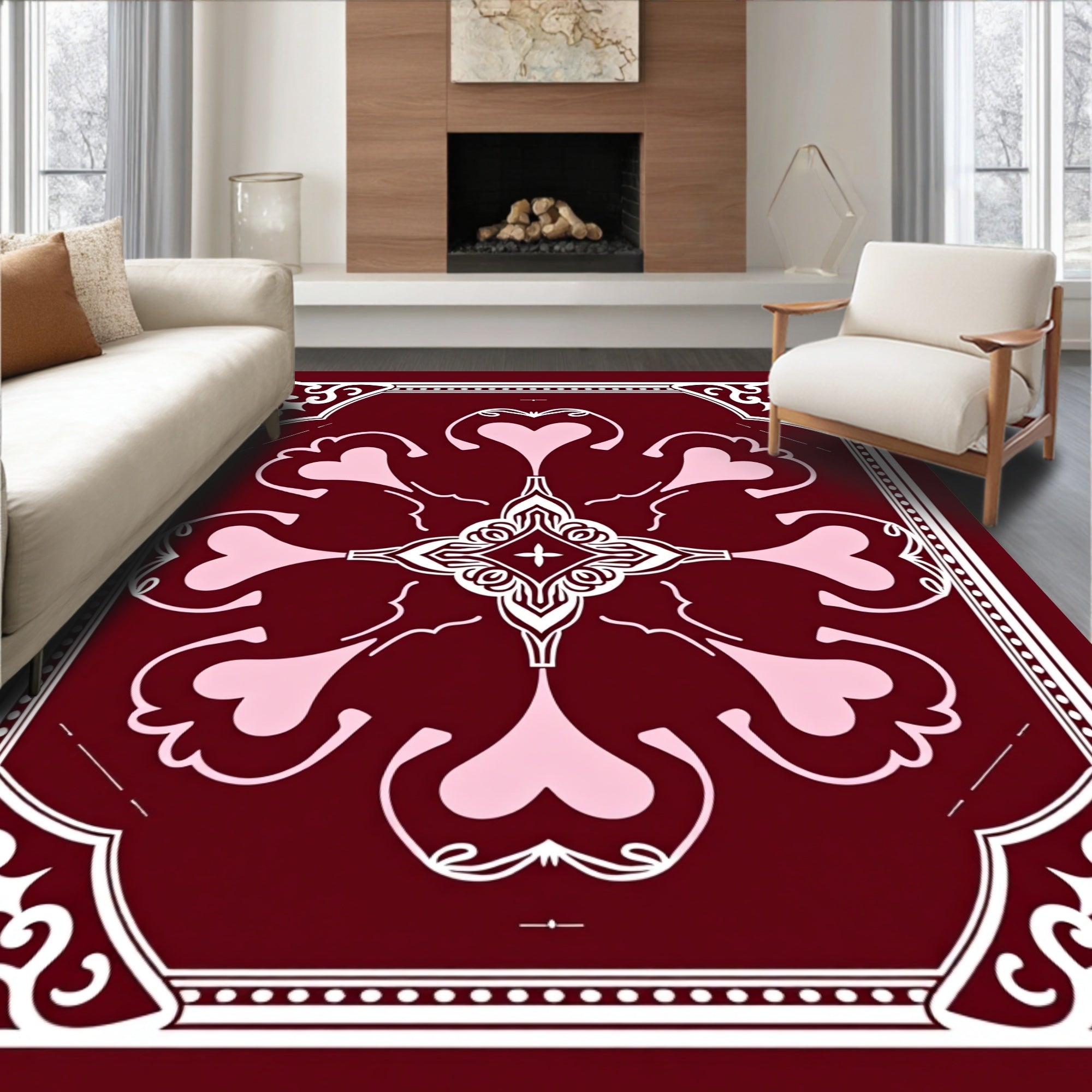 Maroon Heart Swirl Medallion Rug