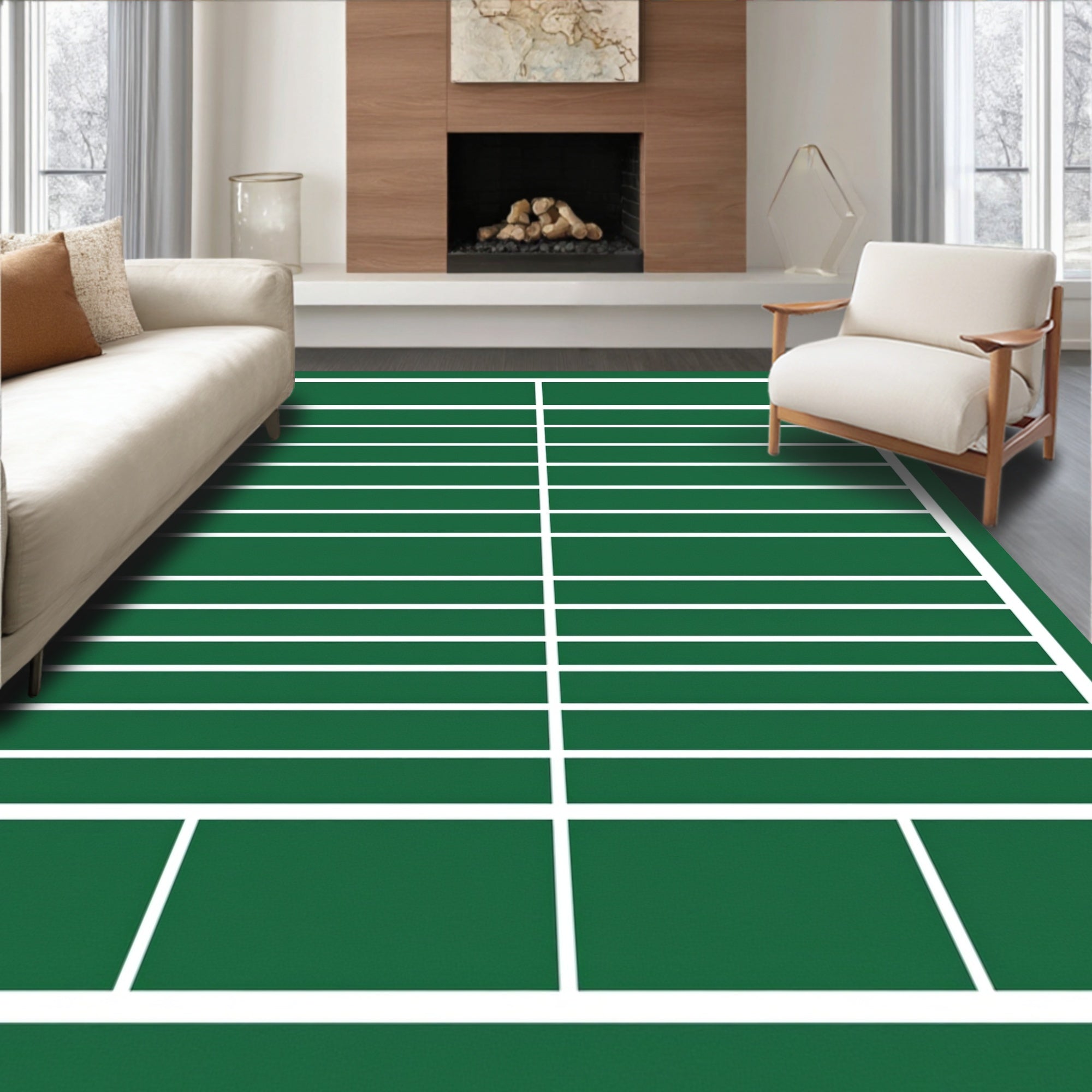 Deep Green White Lined Rectangular Rug