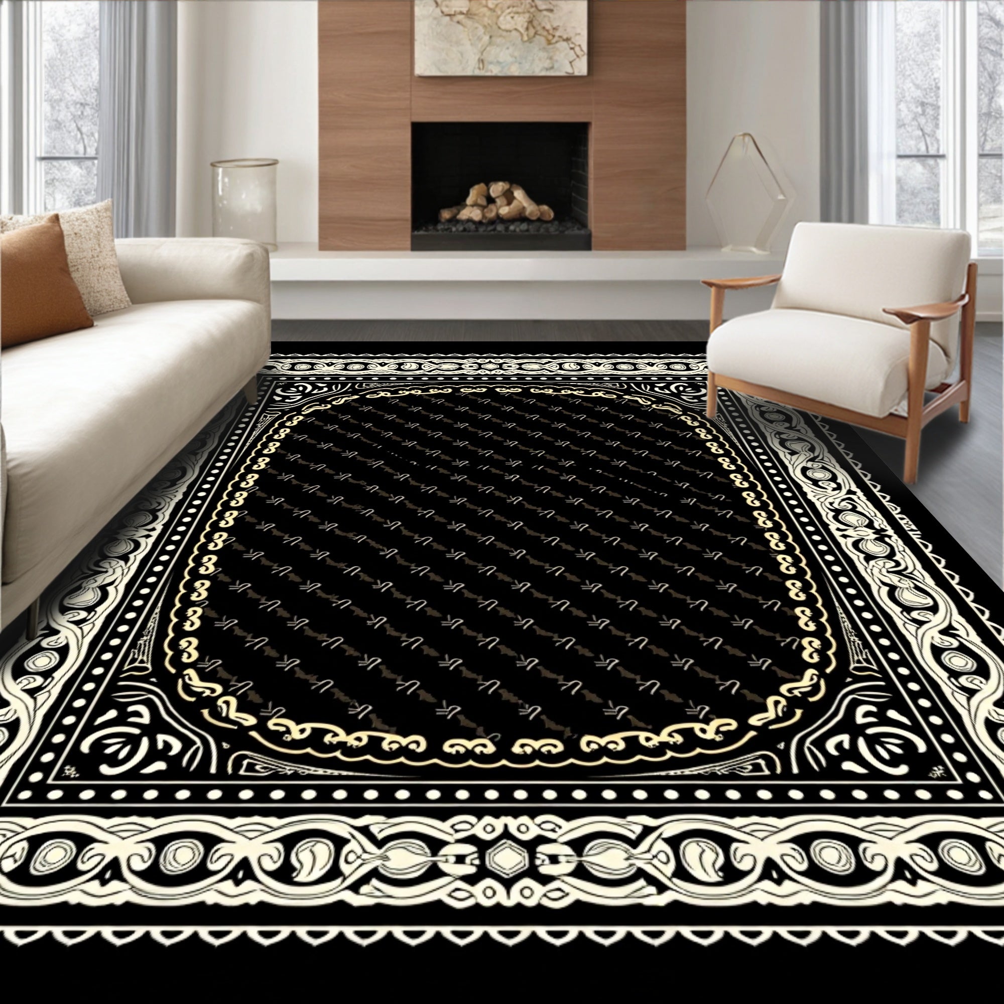 Eclectic Black Cream Border Detail Rug