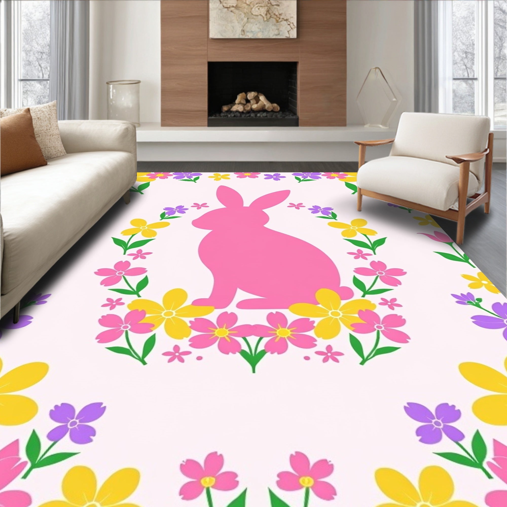 Pink bunny with colorful floral border Rug