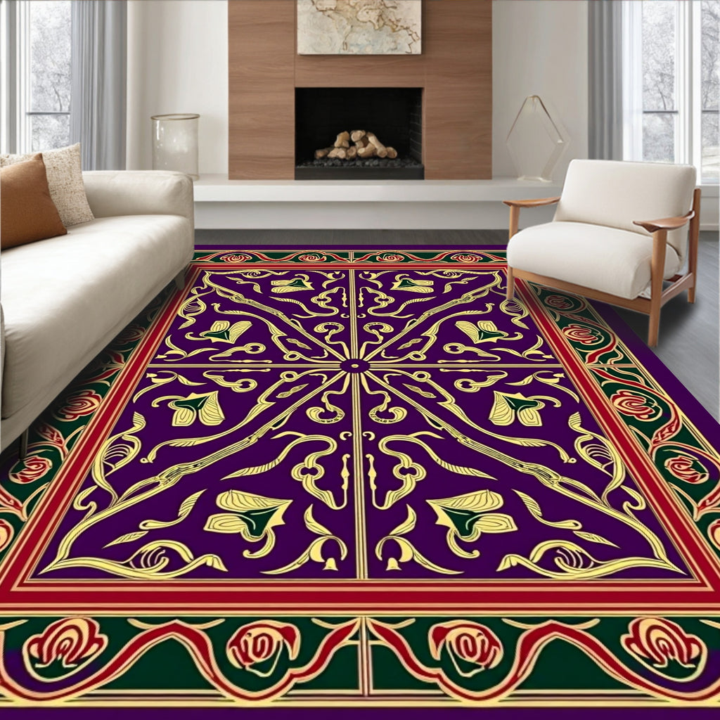 Rich Violet Golden Floral Border Rug