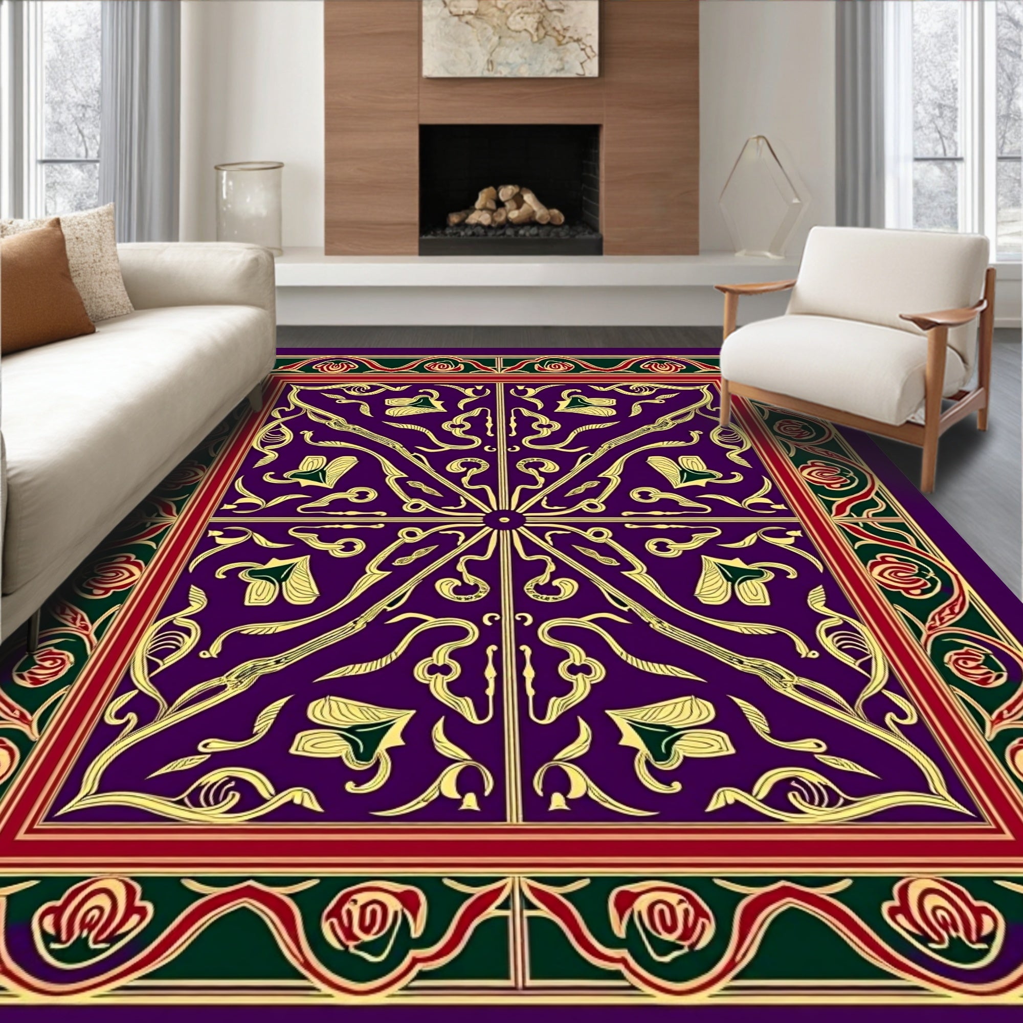 Rich Violet Golden Floral Border Rug