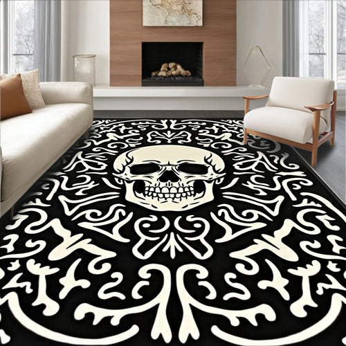 Black Ivory Skull Baroque Swirl Rug