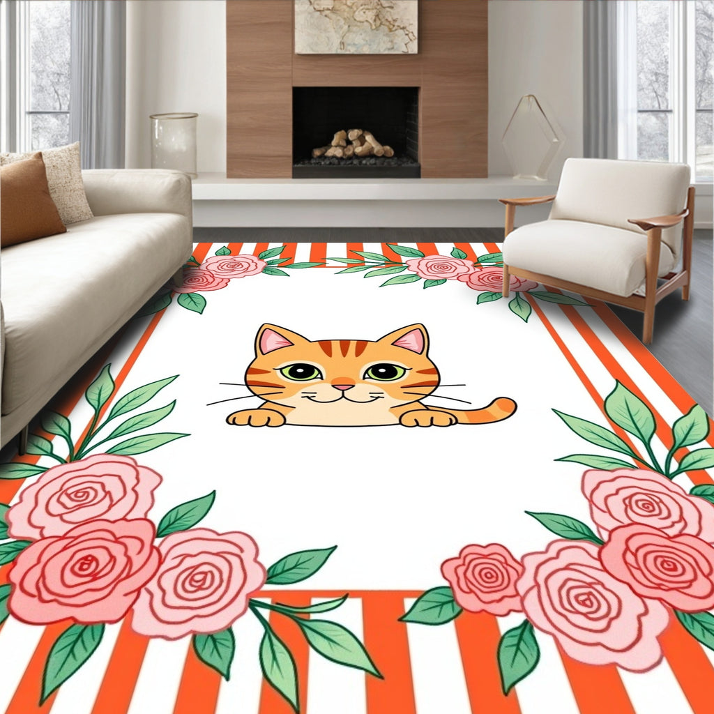 Whimsical Orange Striped Pink Rose Cat Rug