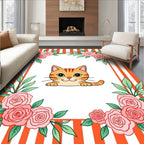Whimsical Orange Striped Pink Rose Cat Rug