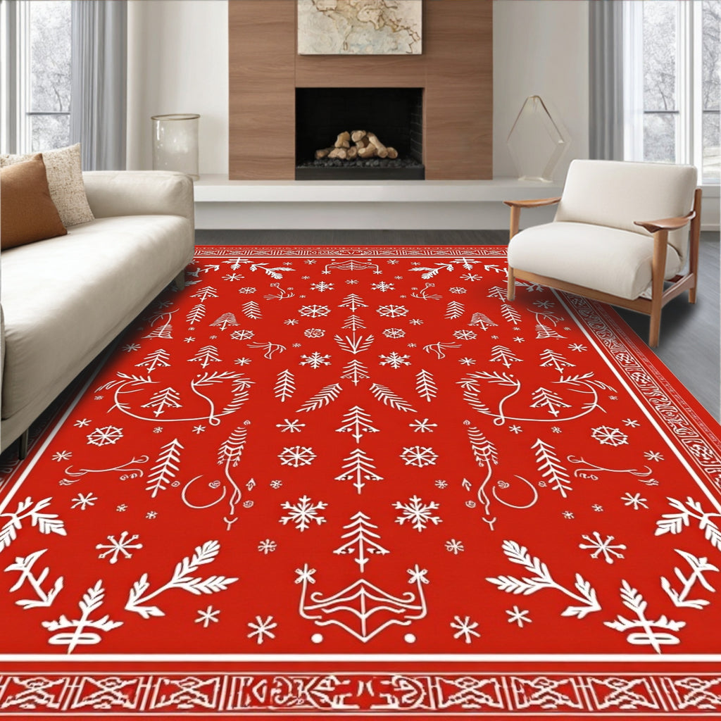 Crimson Winter Forest Snowflake Arrangement Rug