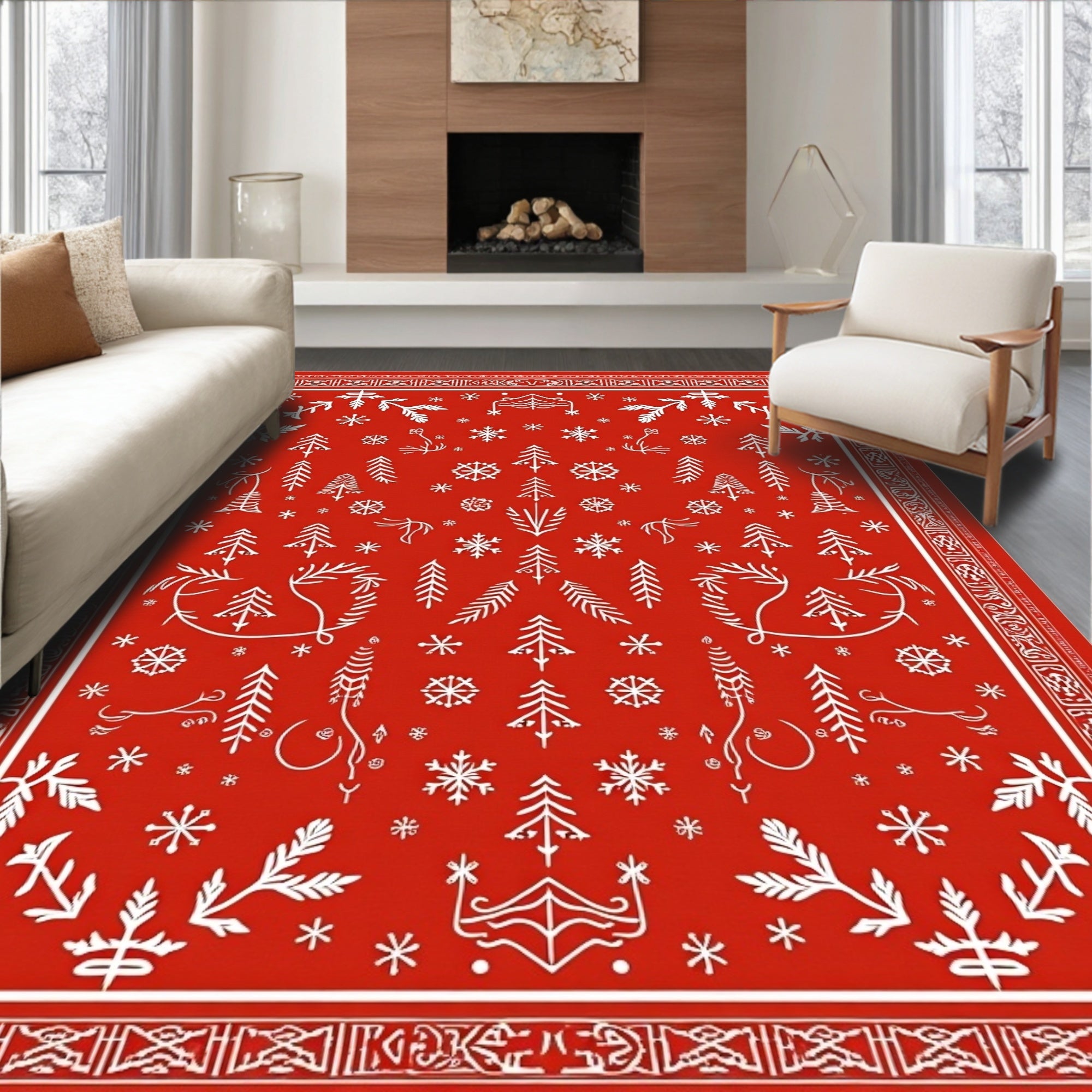 Crimson Winter Forest Snowflake Arrangement Rug