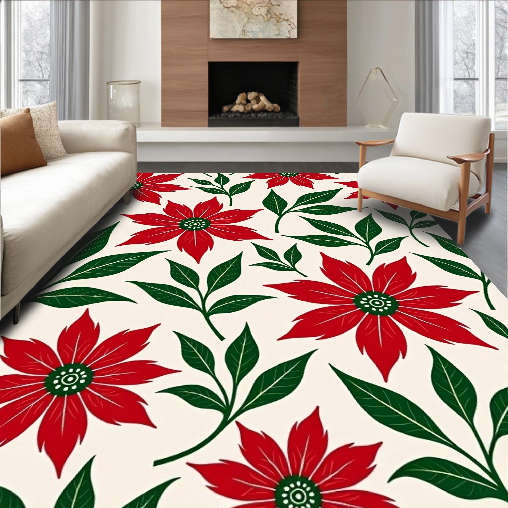 Bold Red Poinsettia Floral Leaf Rug