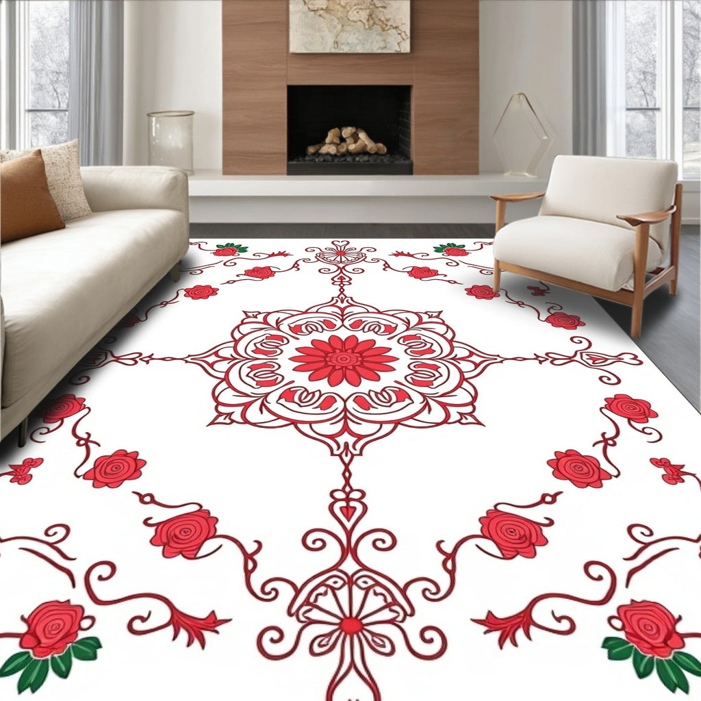 Classic Red Rose Floral Medallion Rug