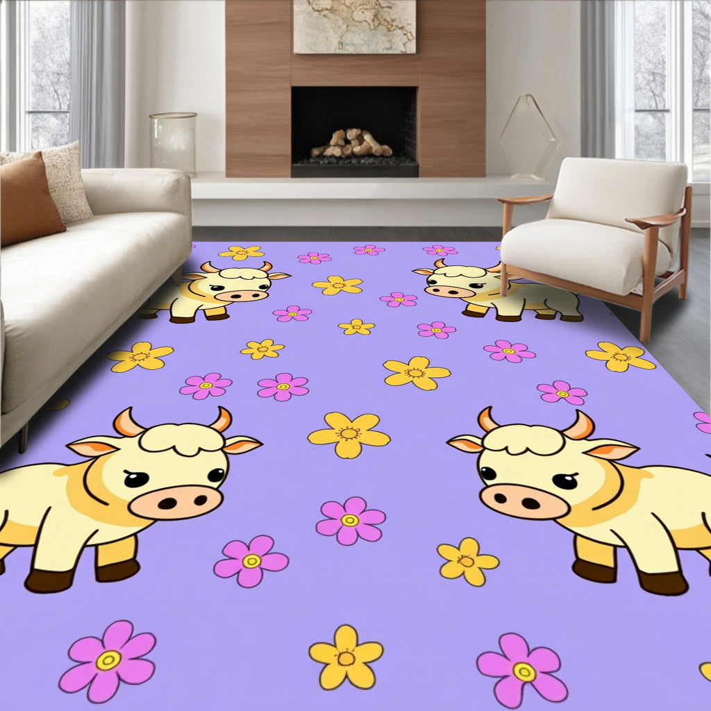 Cute Yellow Cow Floral Background Rug