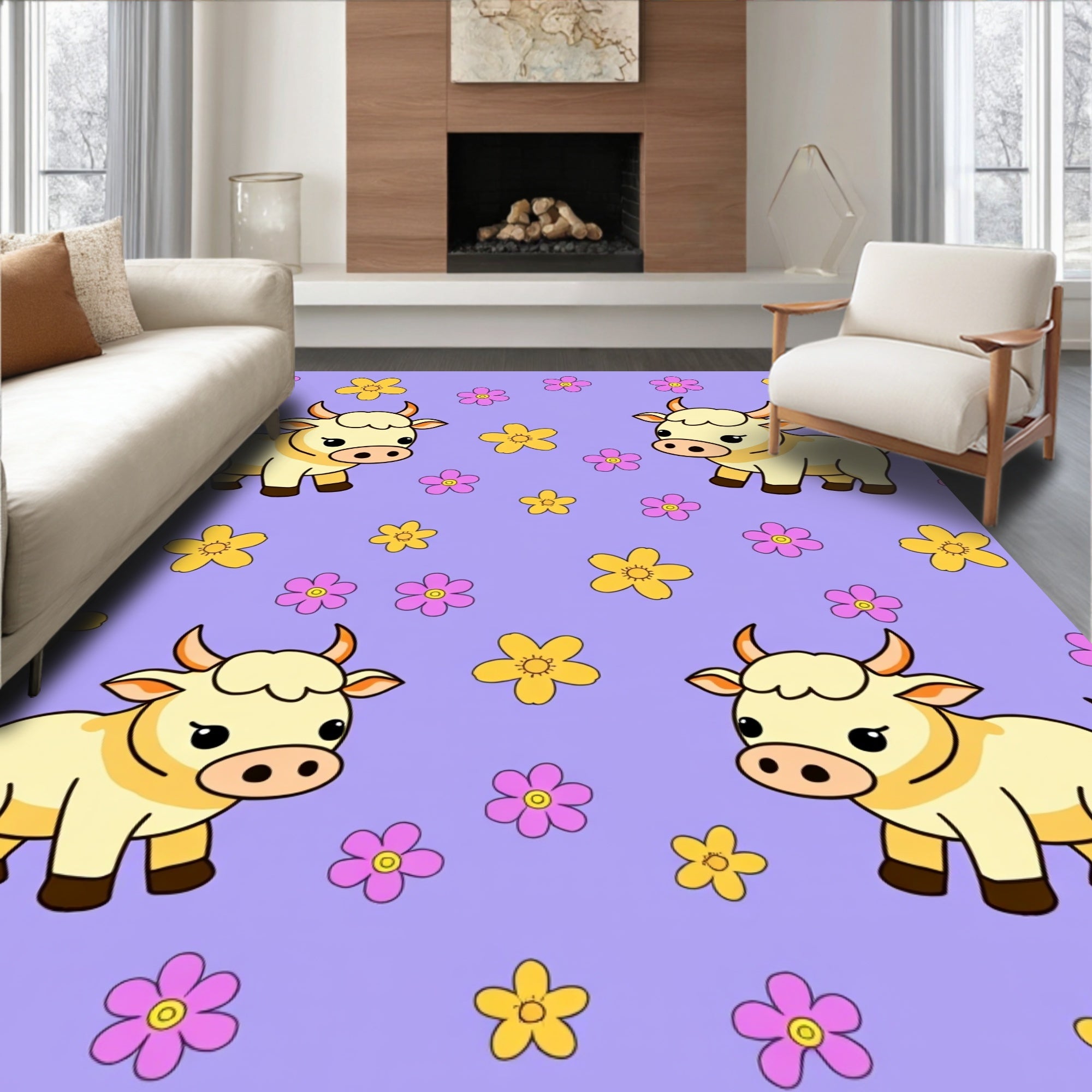 Cute Yellow Cow Floral Background Rug