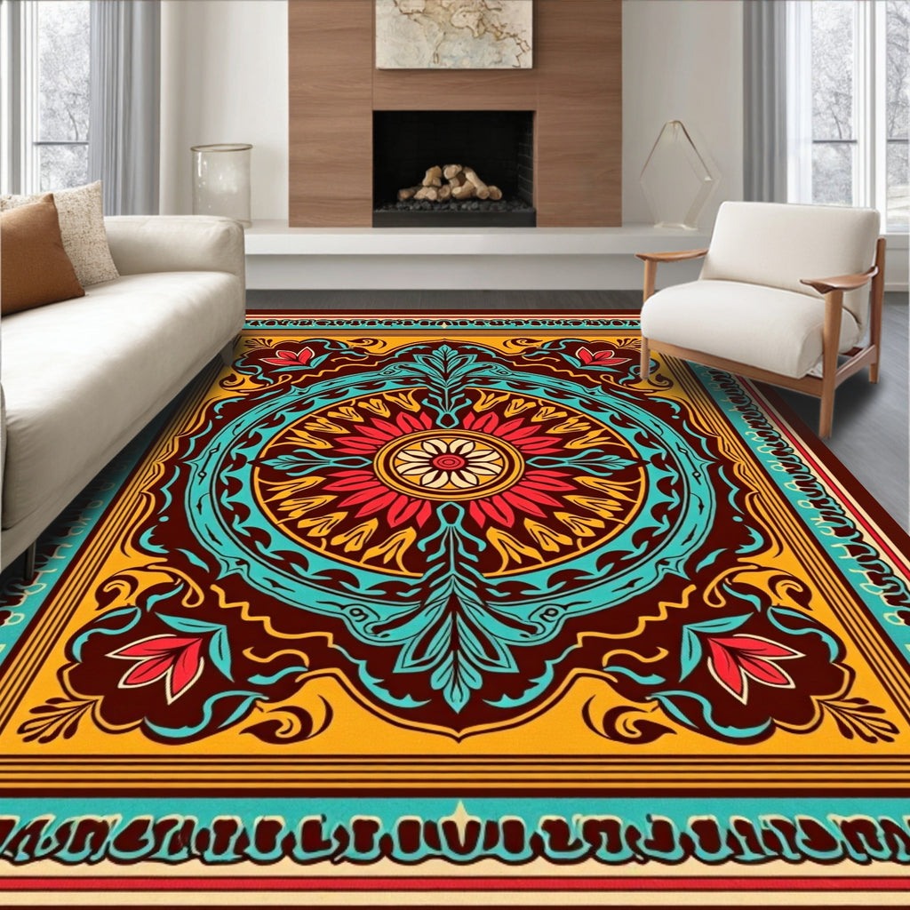 Ornate Crimson Teal Floral Medallion Rug