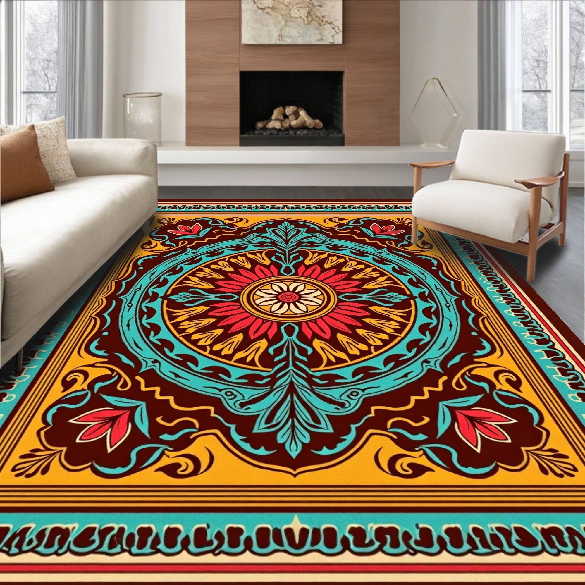 Ornate Crimson Teal Floral Medallion Rug