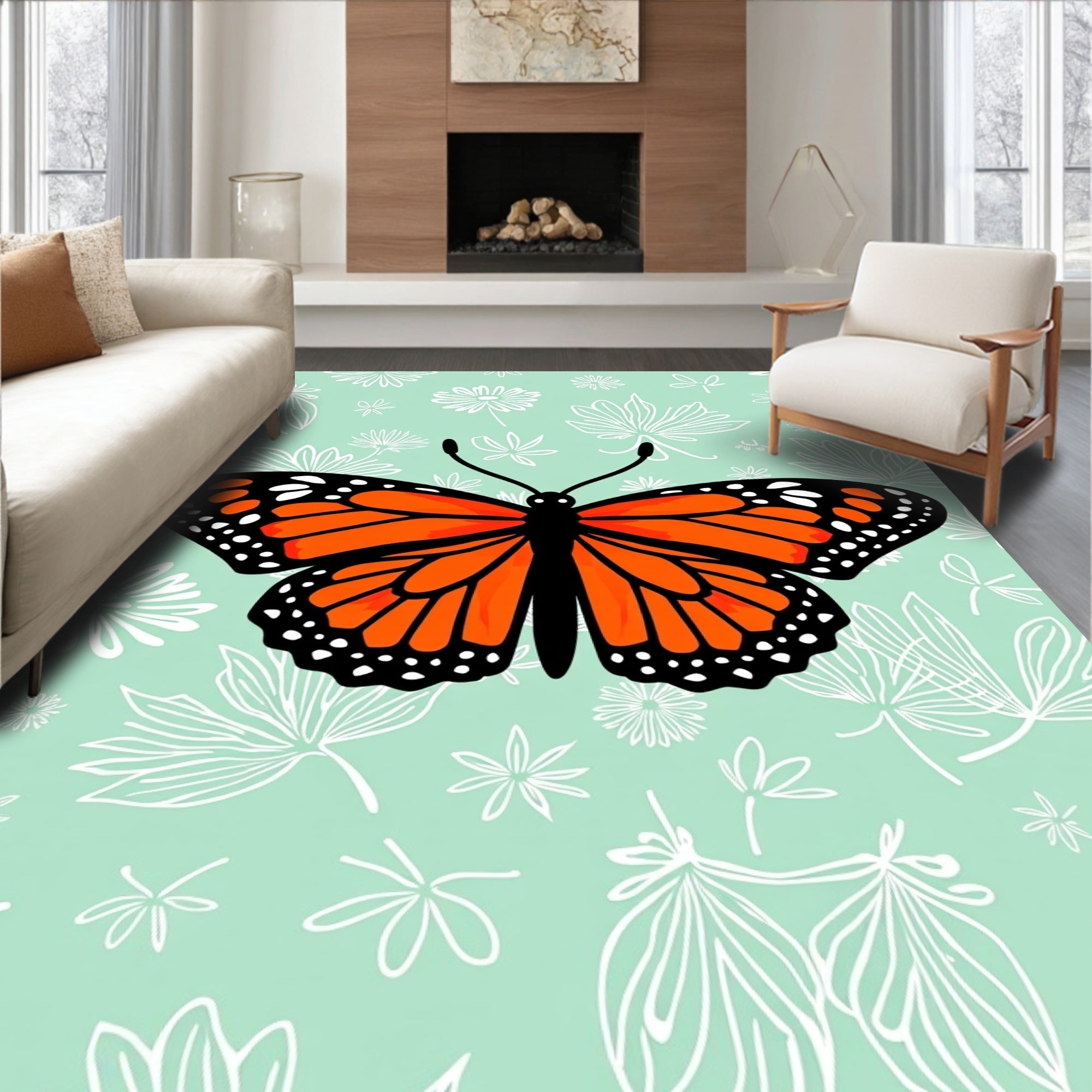 Bright Orange Butterfly Whimsical Garden Rug