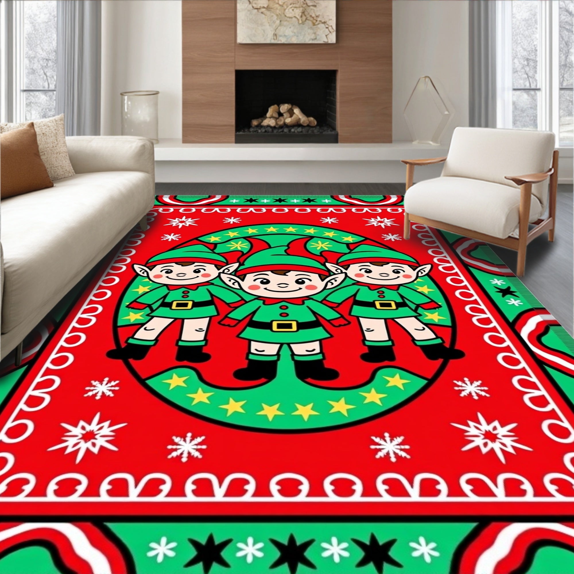 Christmas Elves Red Green Stars Rug