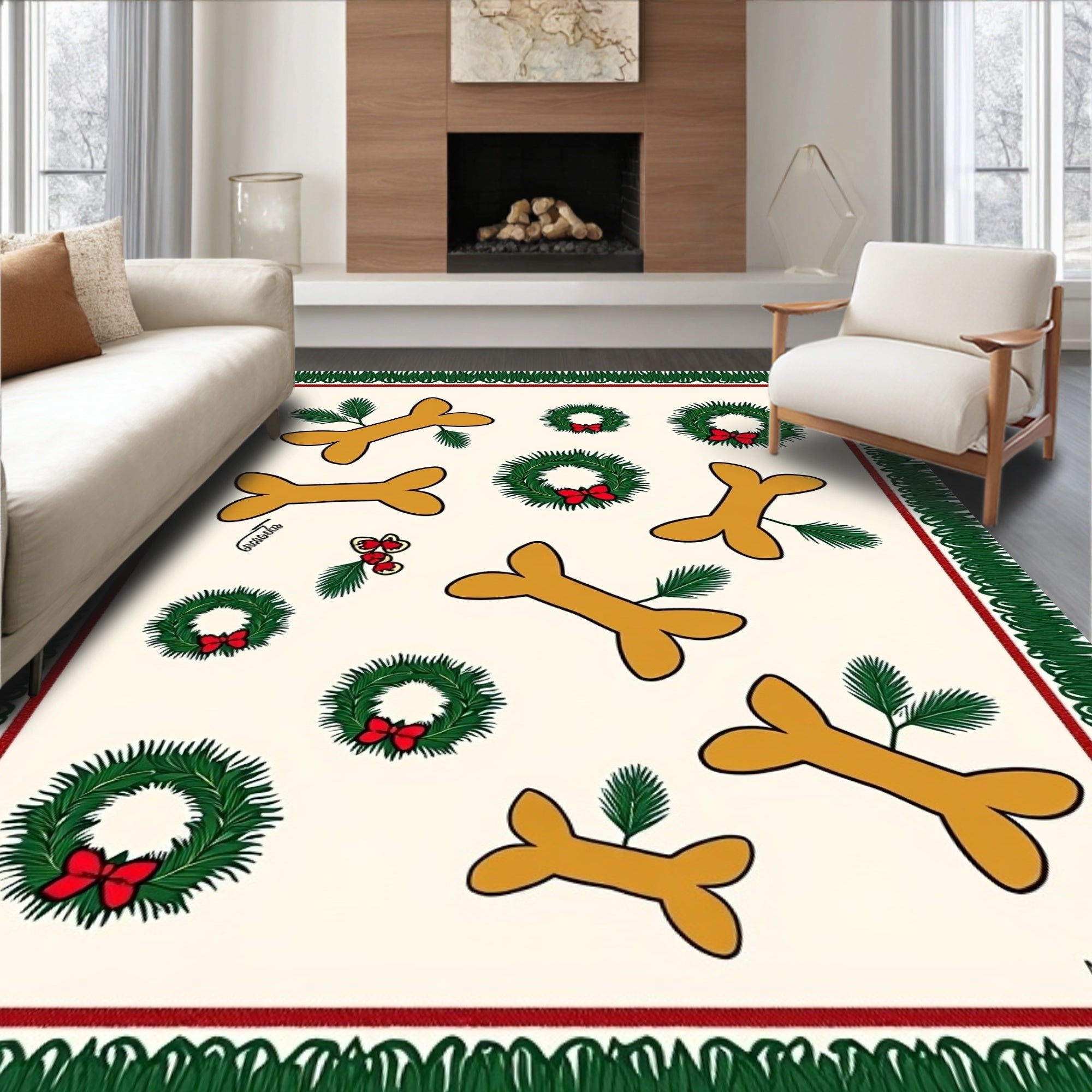Whimsical Bone Wreath Holiday Scene Rug
