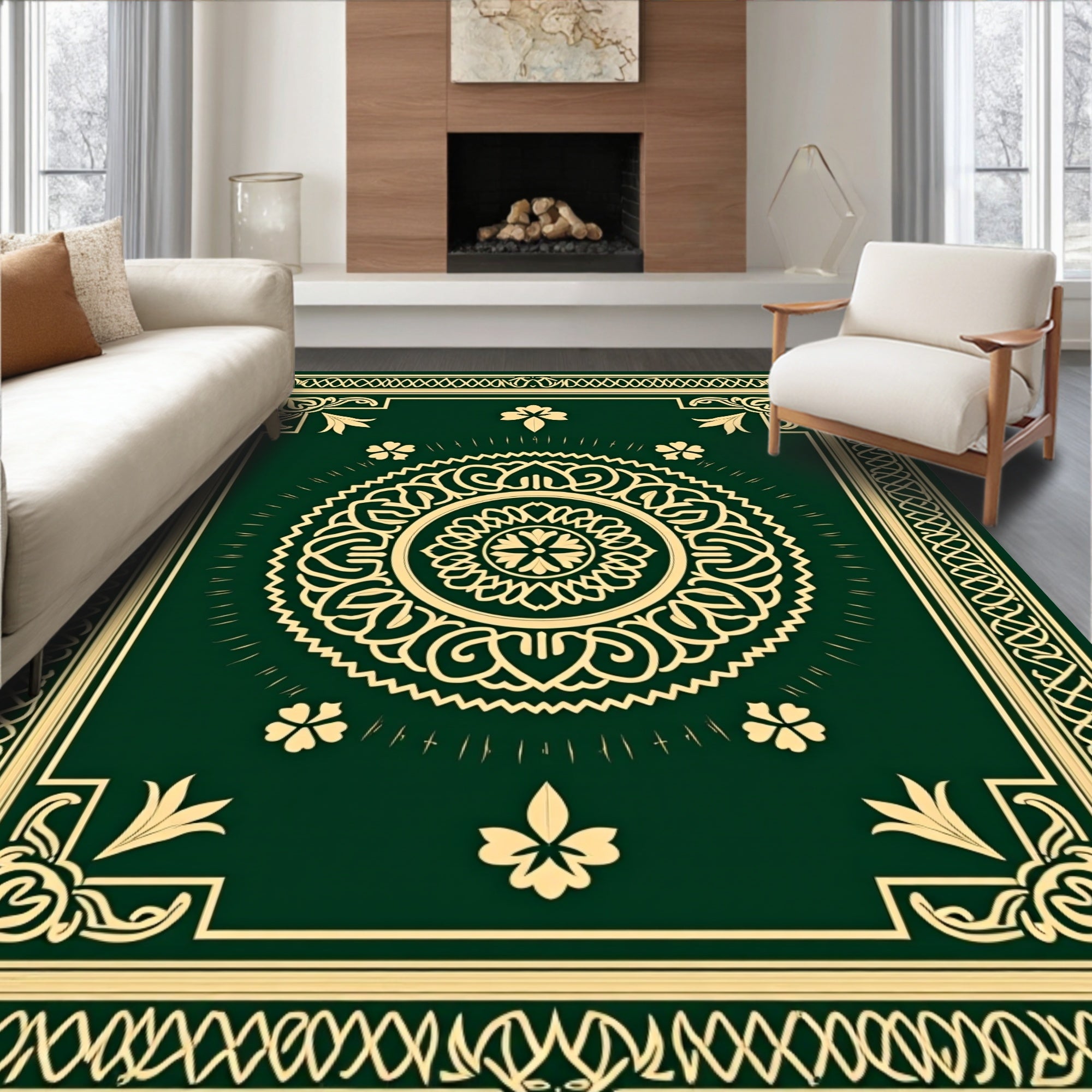 Emerald Green Ornamental Mandala Rug