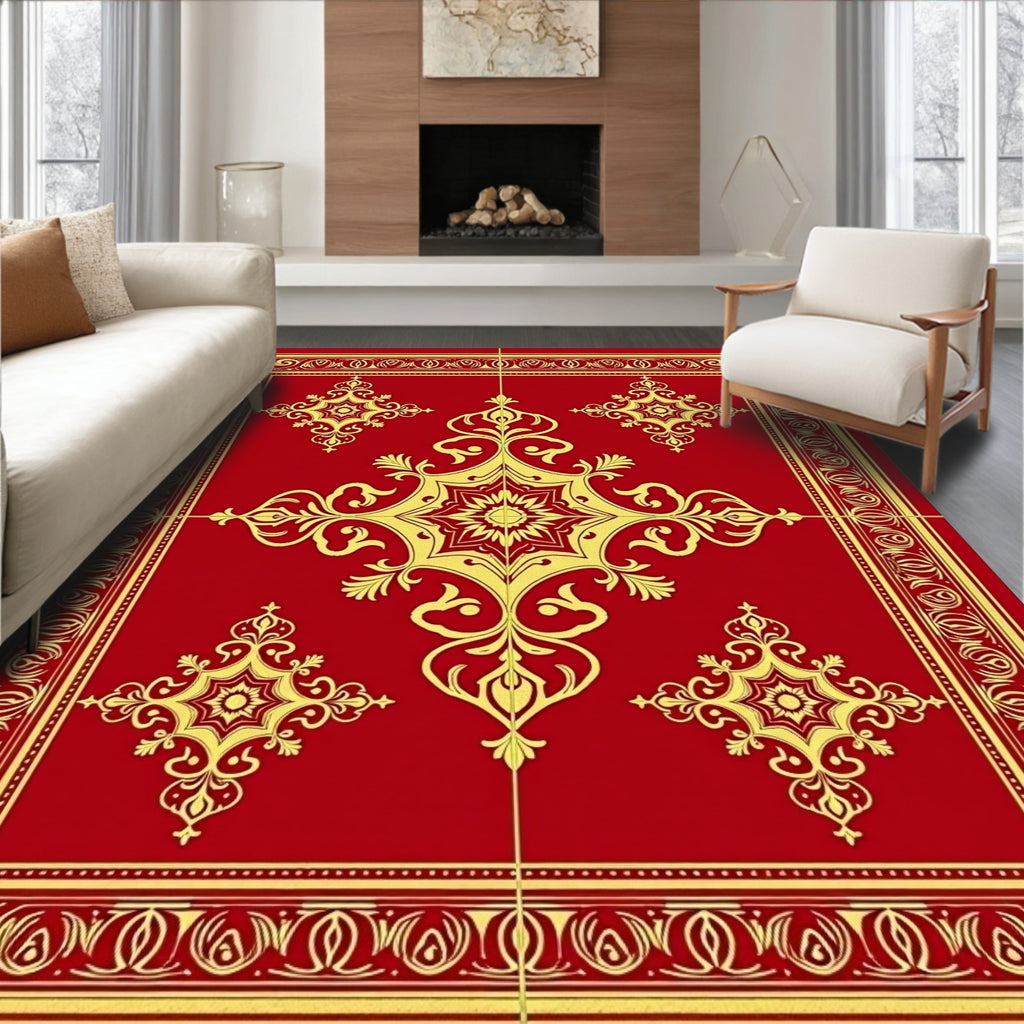 Ornate Gold Floral Medallion Red Rug
