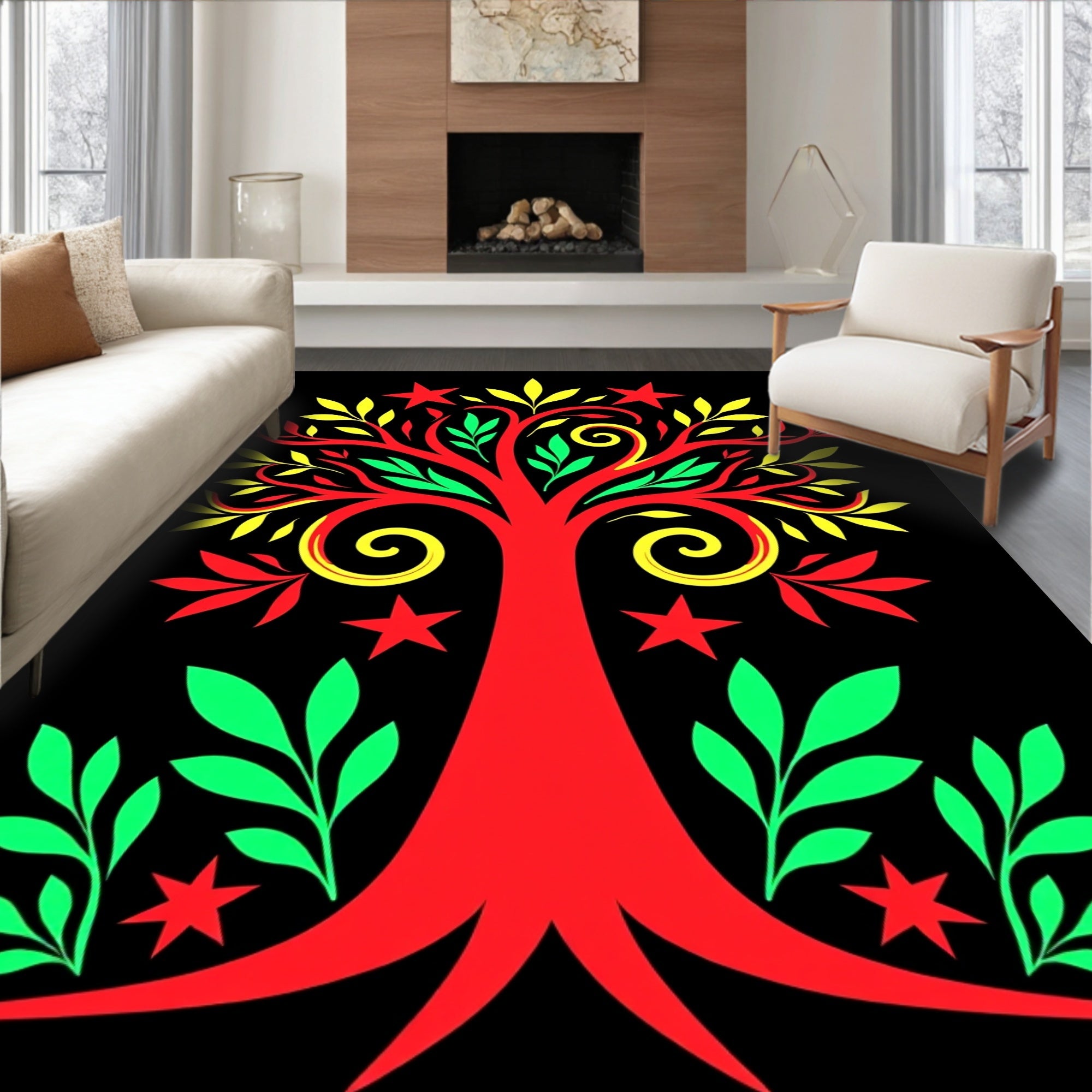 Bold Red Tree Stars Green Leaves Rug