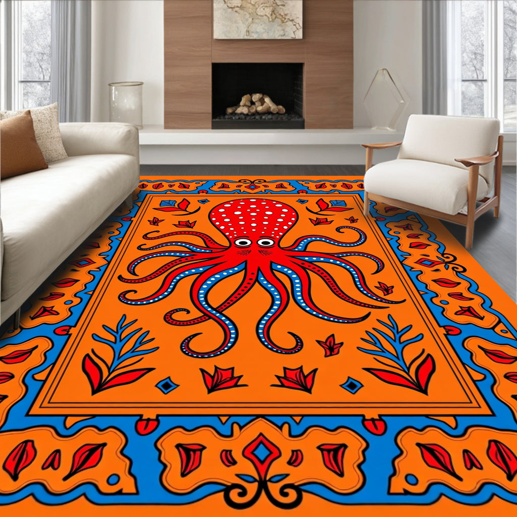 Bright Orange Red Octopus Nautical Rug
