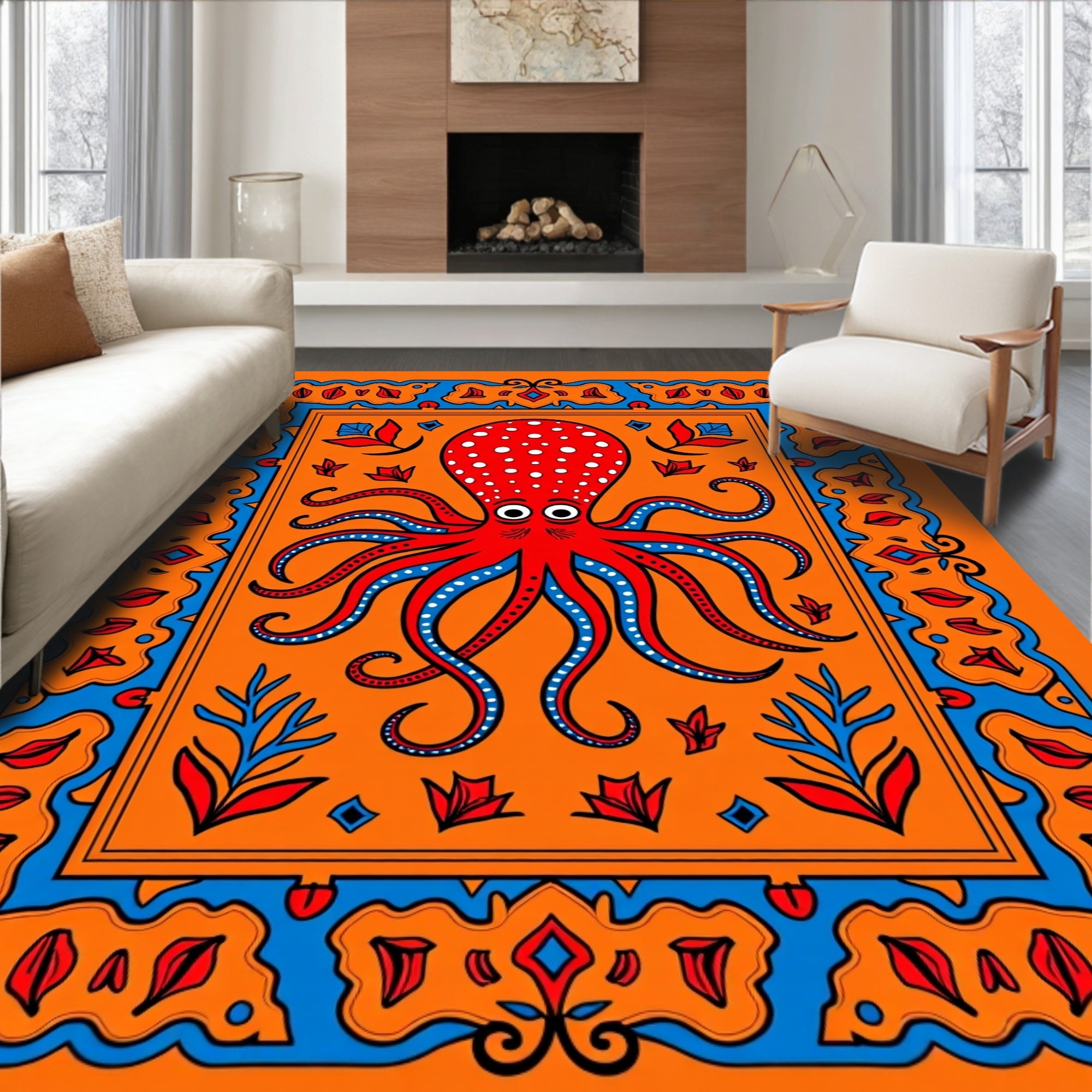 Bright Orange Red Octopus Nautical Rug