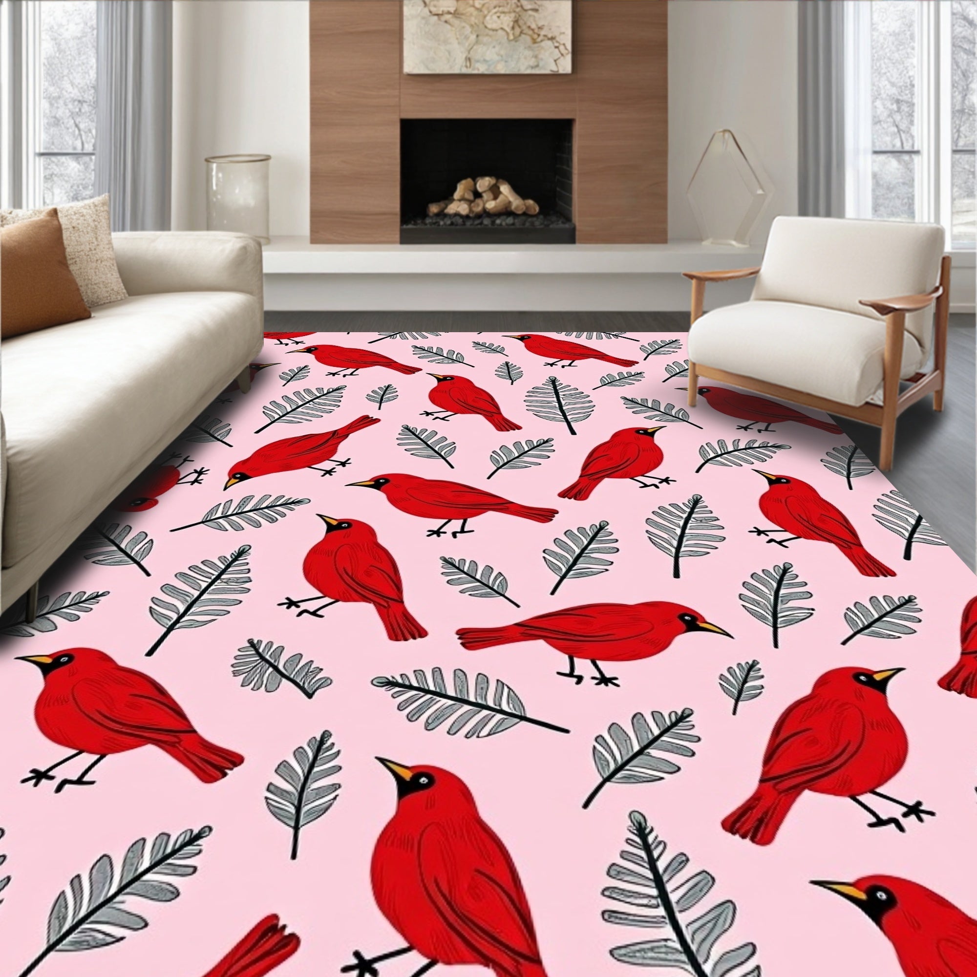 Red Cardinals With Fern Leaves Rug