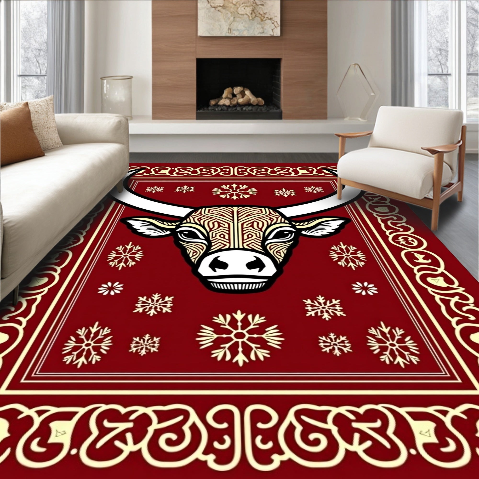 Crimson Bull Snowflakes Border Rug