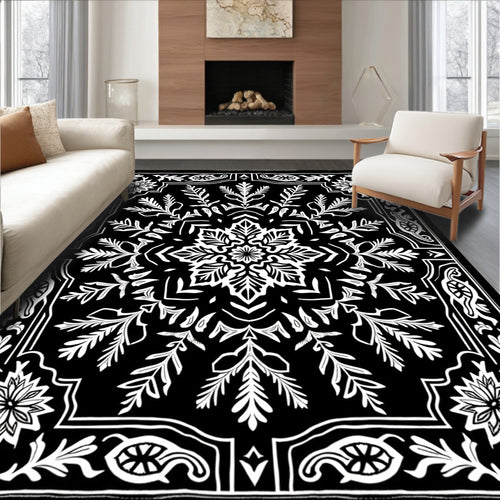 Black White Floral Mandala medallion Rug