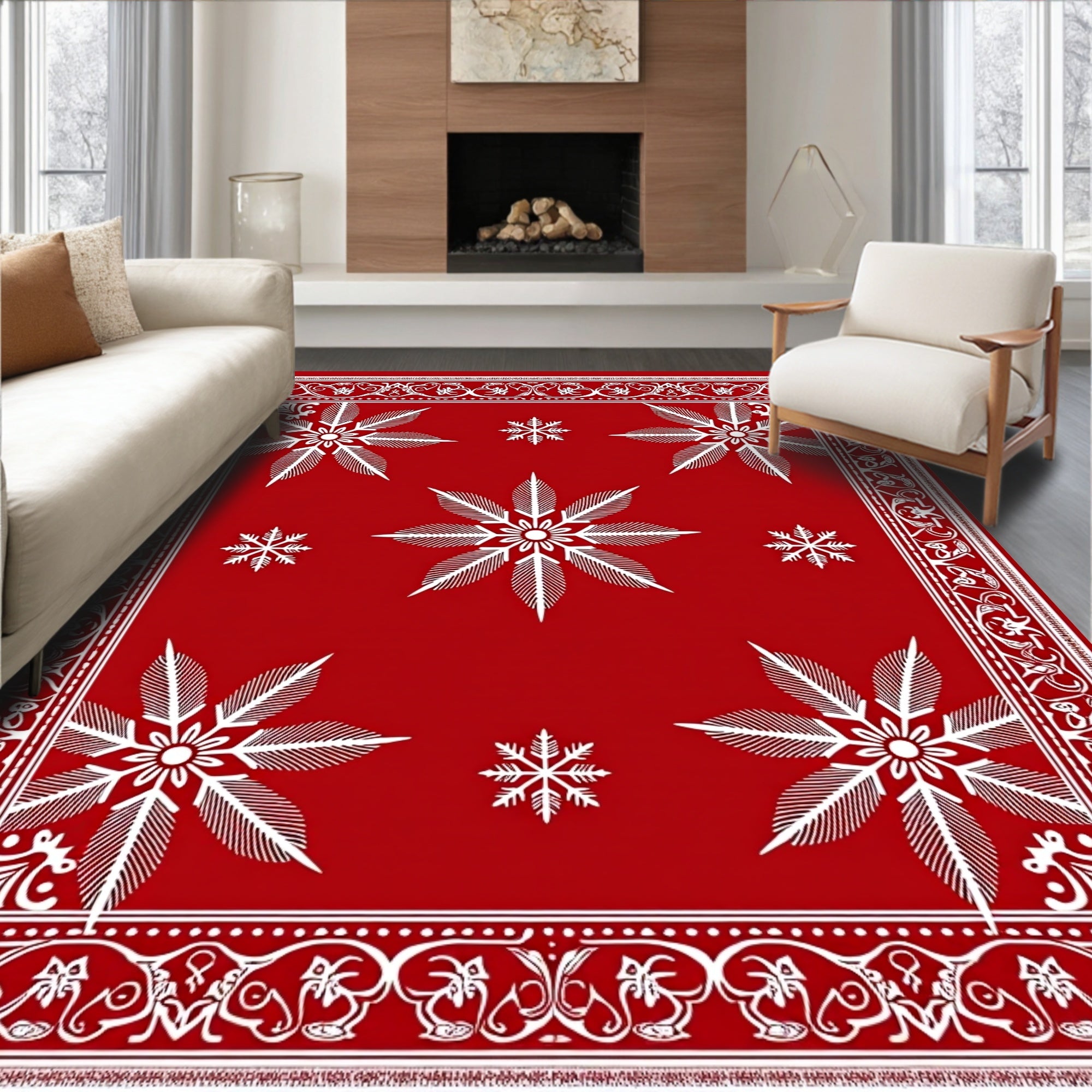 Crimson White Snowflake Ornamental Border Rug