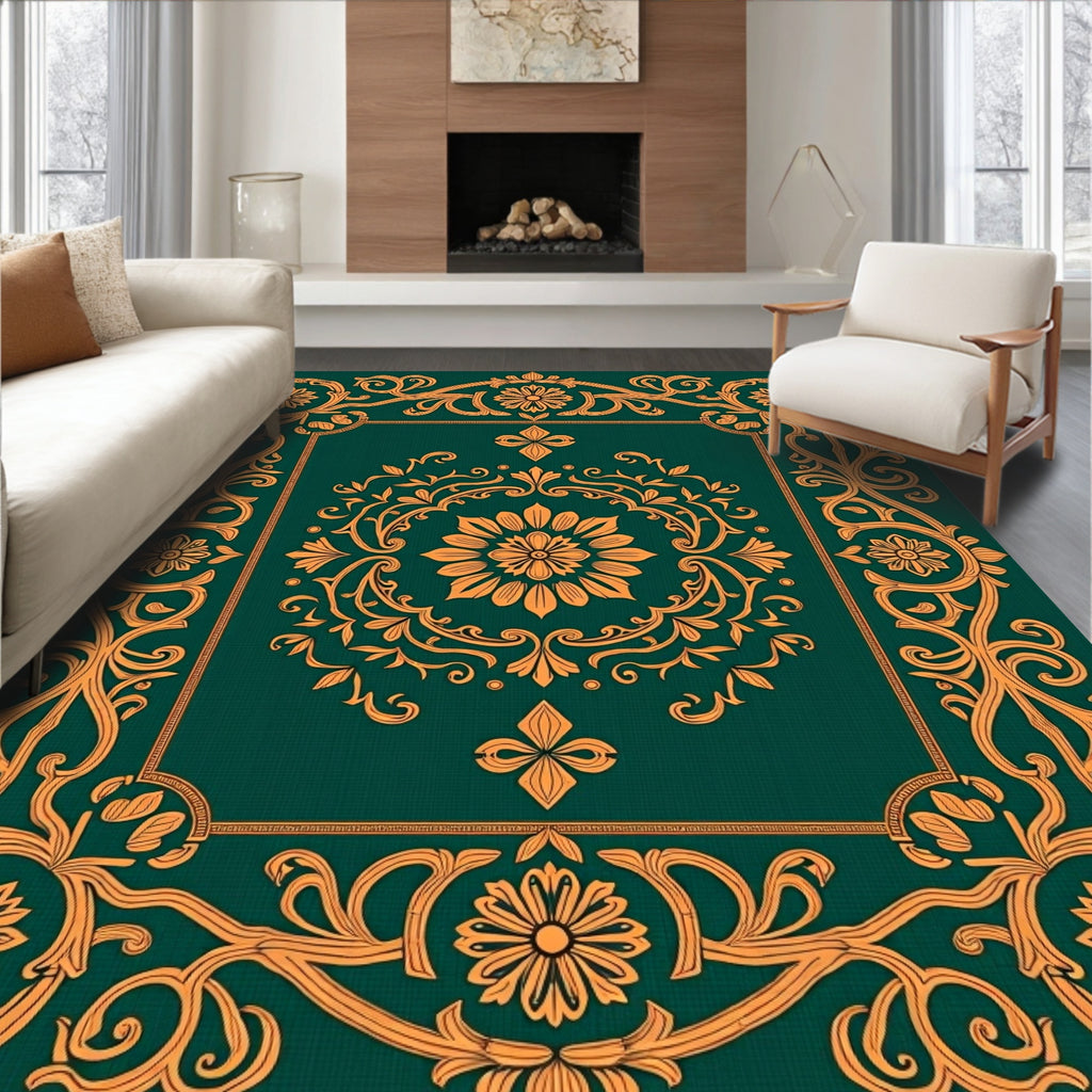 Ornate Emerald Floral Medallion Rug