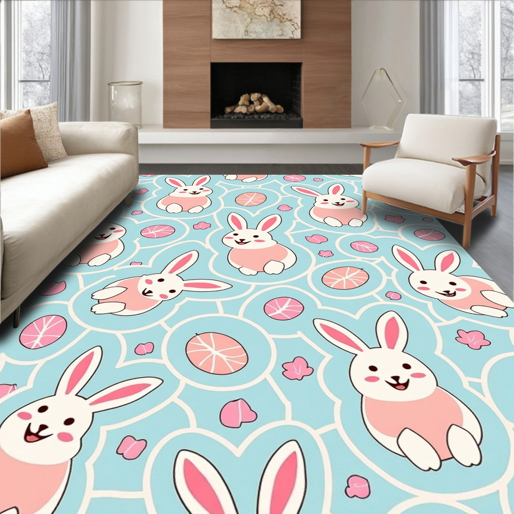 Cute Pink Bunny Blue Easter Eggs Rug