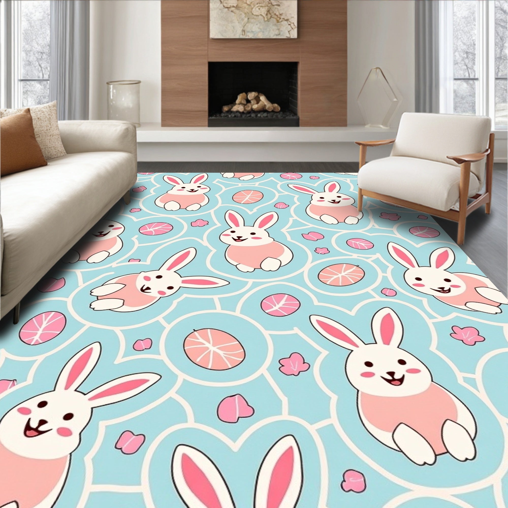 Cute Pink Bunny Blue Easter Eggs Rug