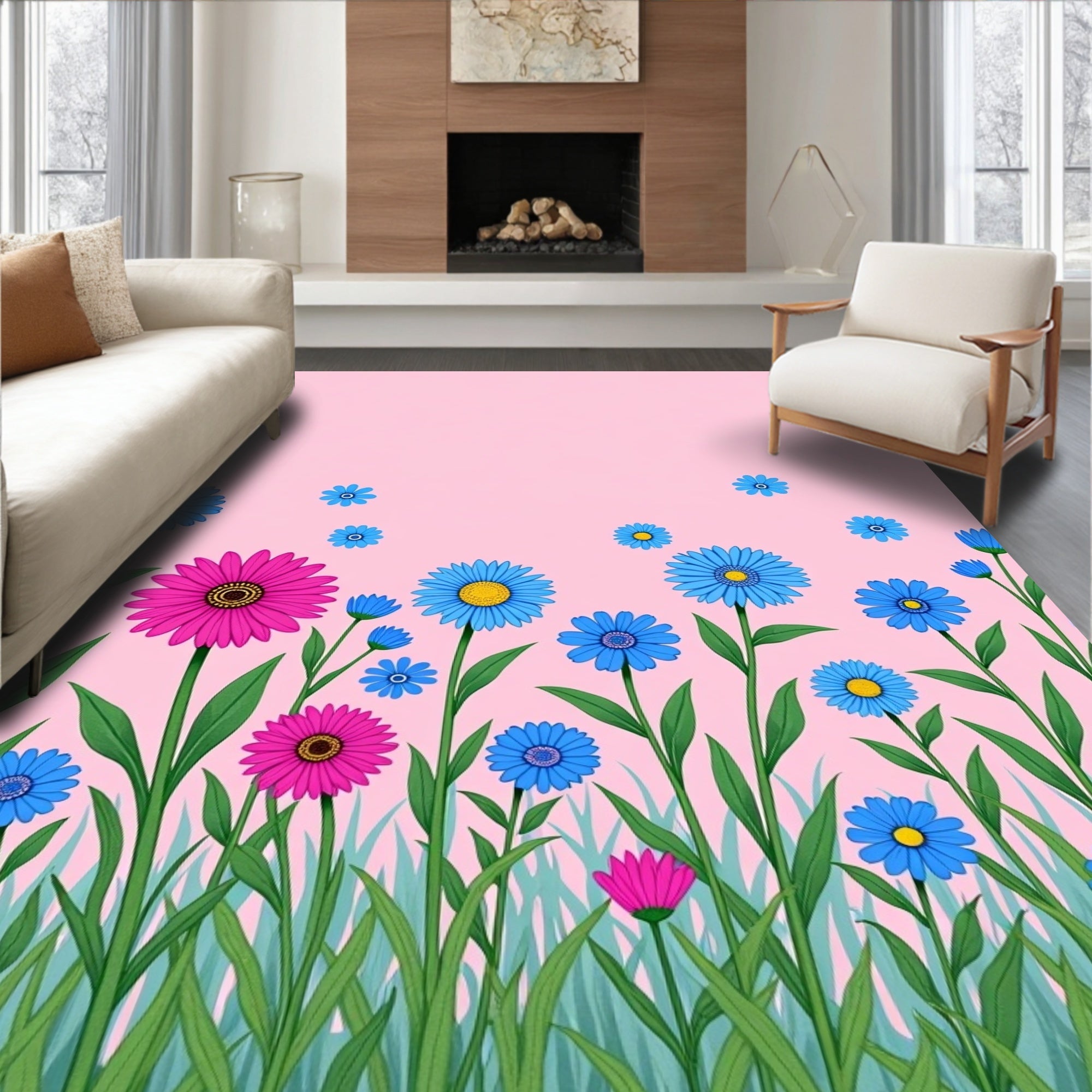 Bright Pink Blue Floral Meadow Rug