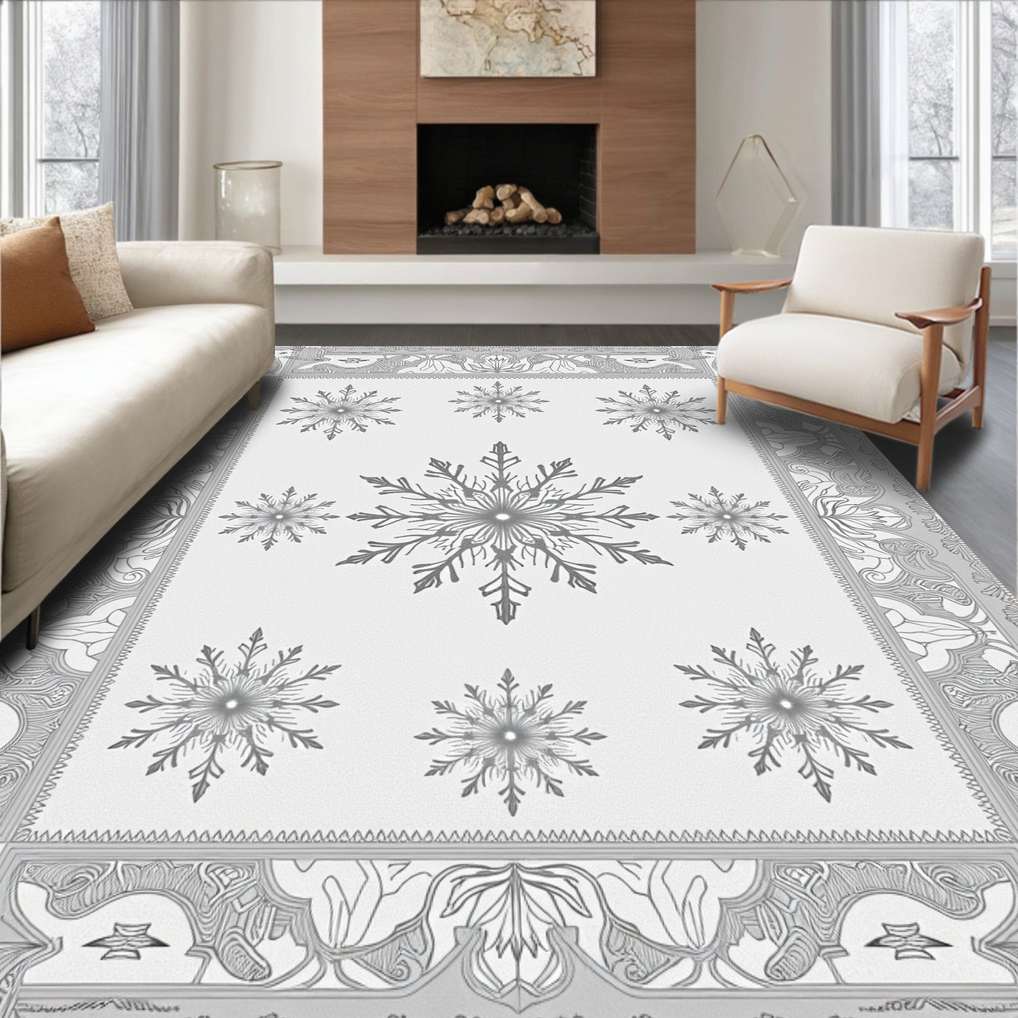 Monochromatic Gray Snowflake Border Rug