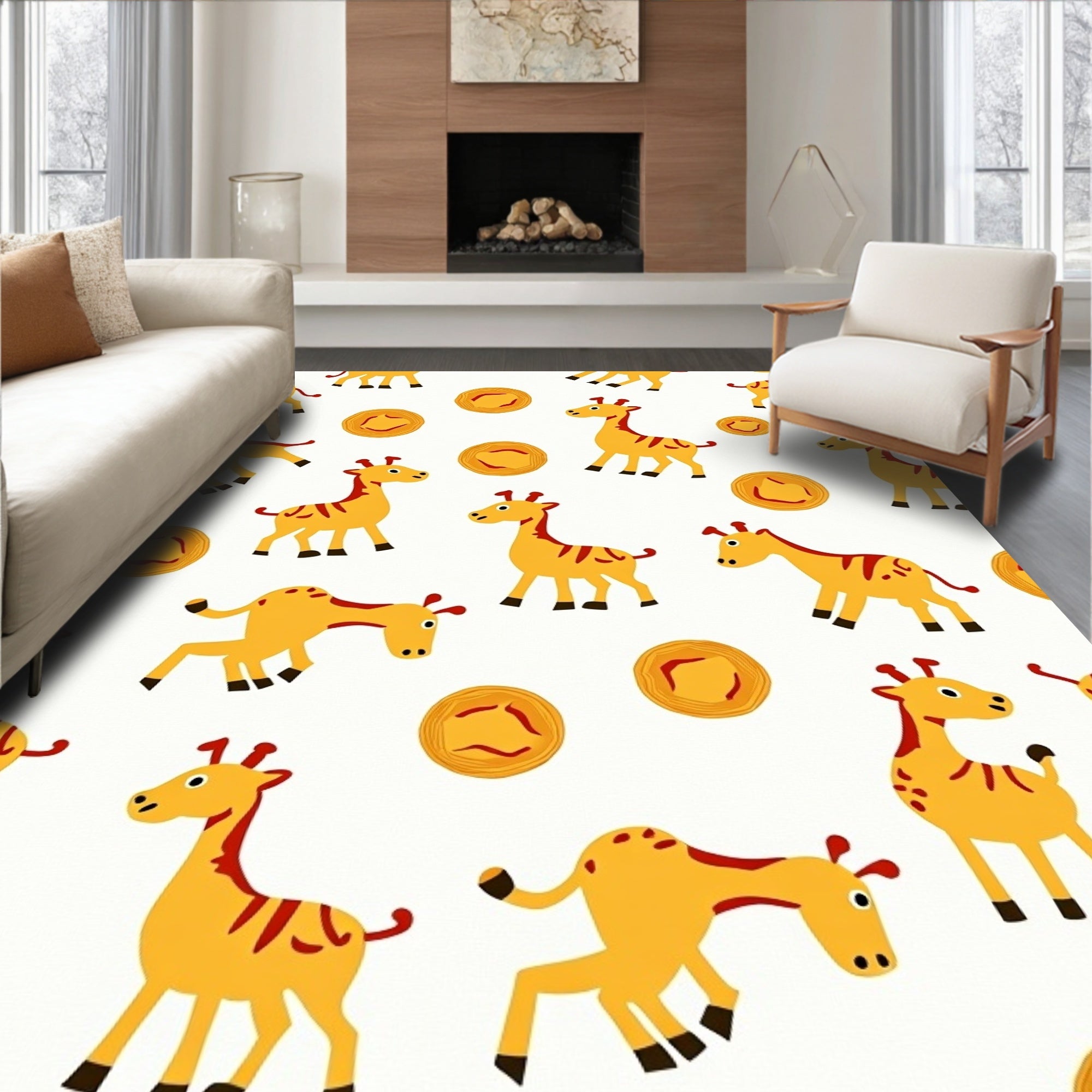 Playful Yellow Giraffe Round Accent Rug