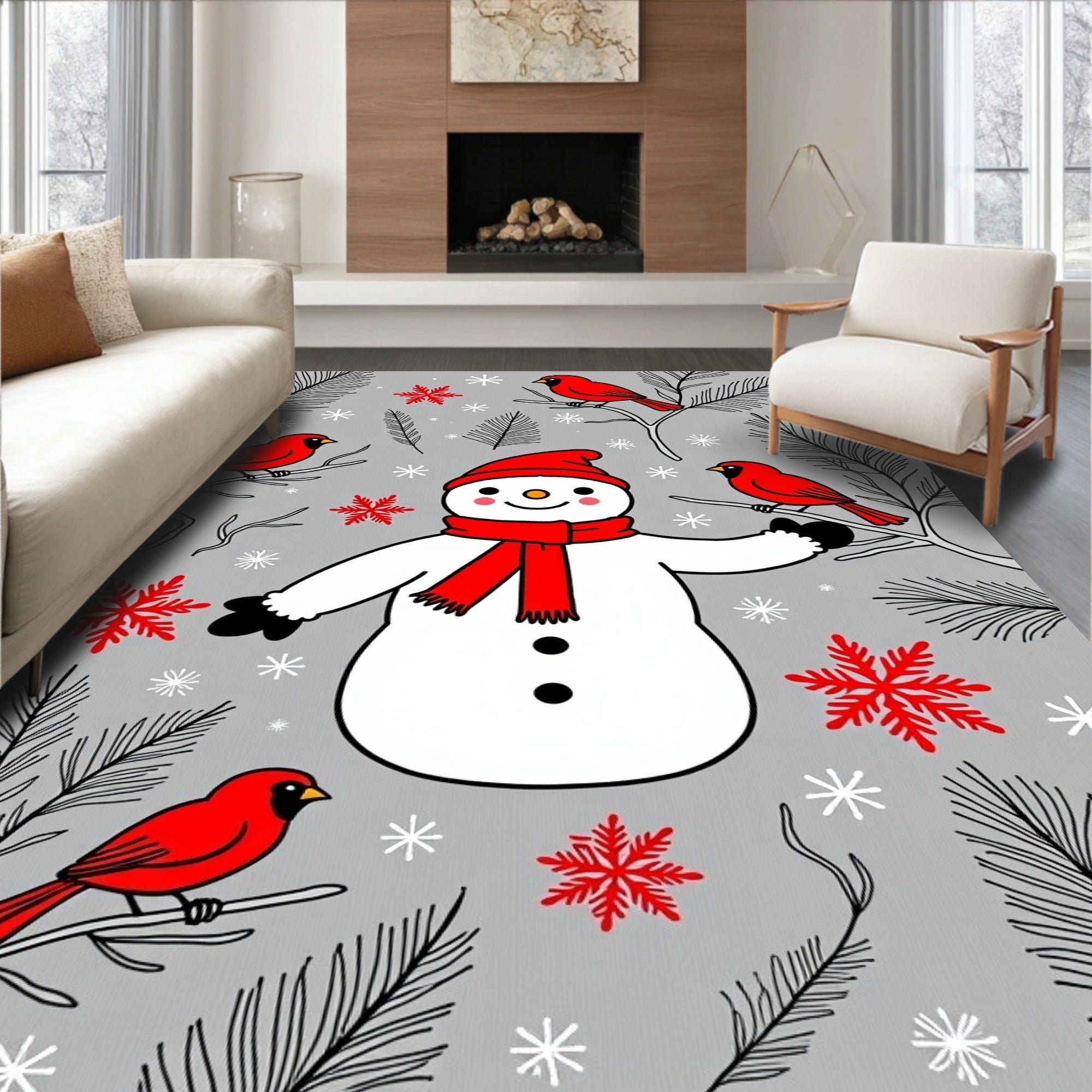 Red Cardinal Snowman Winter Wonderland Rug