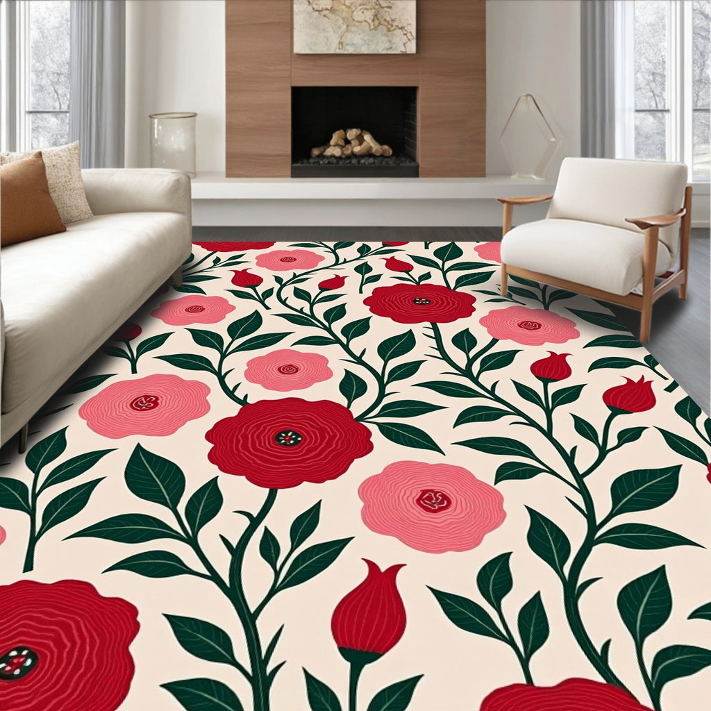 Crimson Pink Floral Vine Art Rug