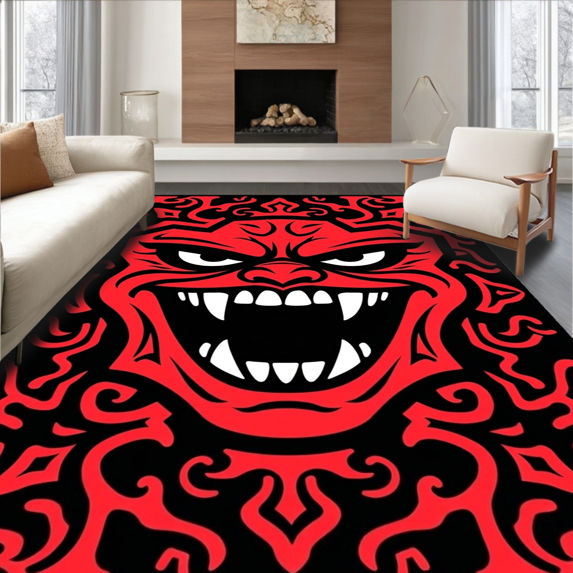 Fiery Red Demon Face Horror Rug