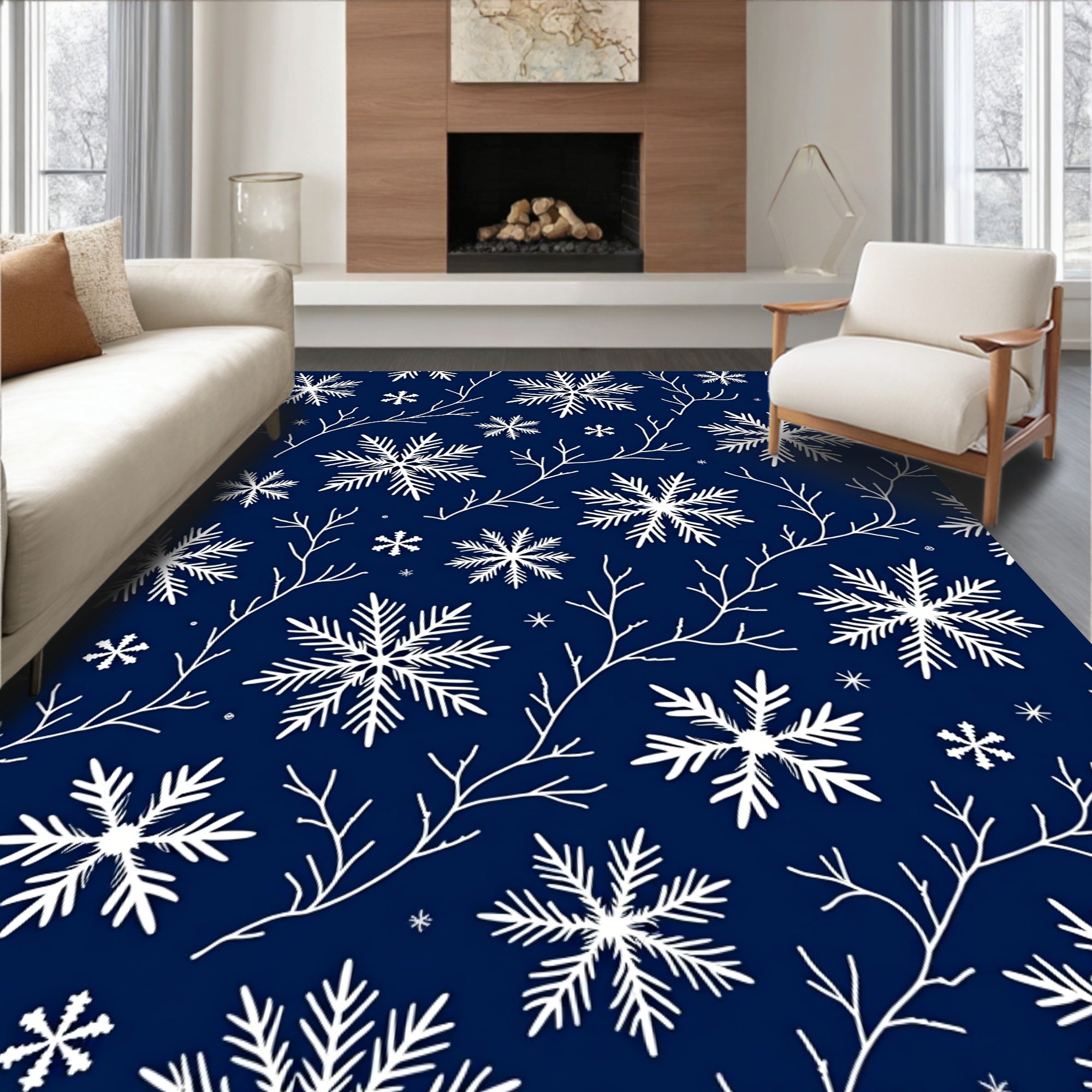 Deep Blue Snowflake Branch Collage Rug