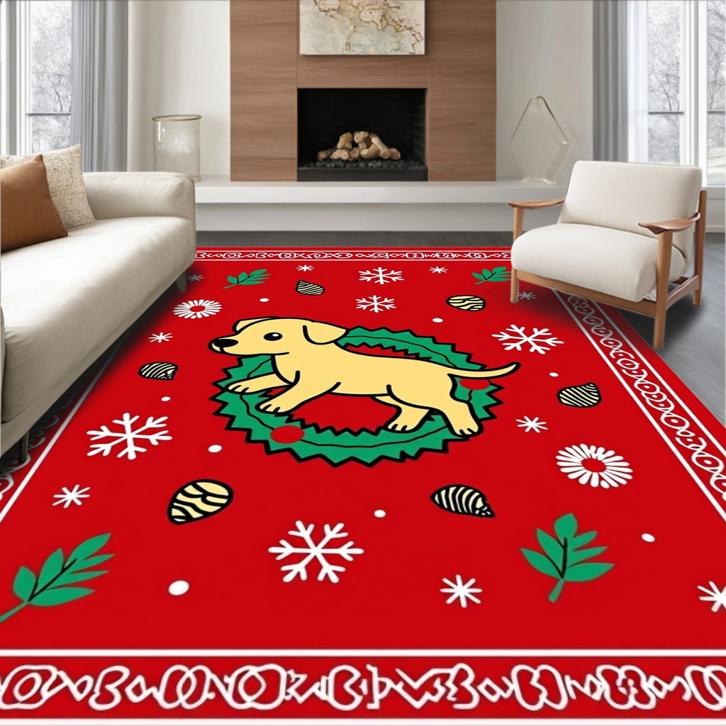 Golden Puppy Wreath Christmas Red Rug