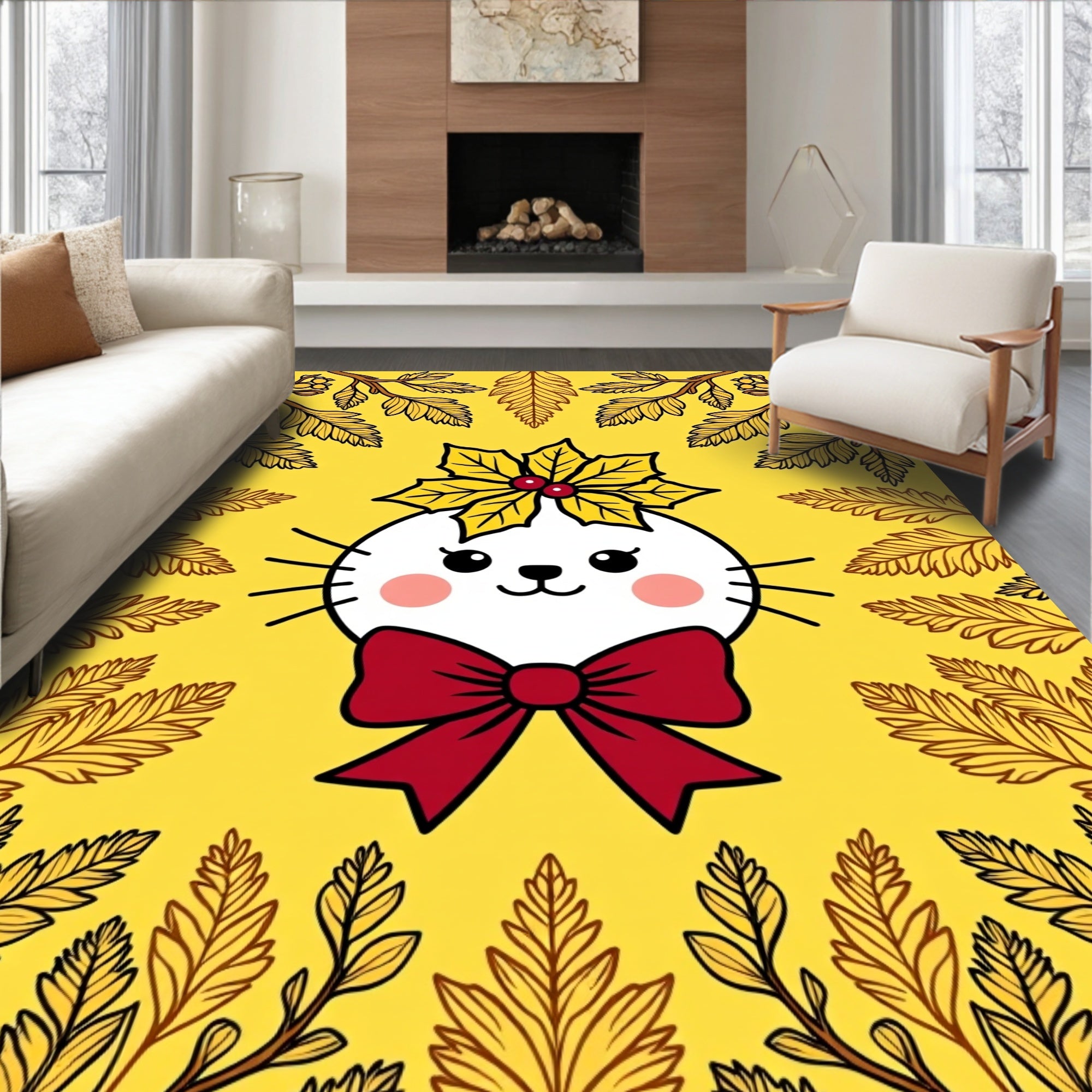 Cute Cat Festive Autumn Foliage Rug