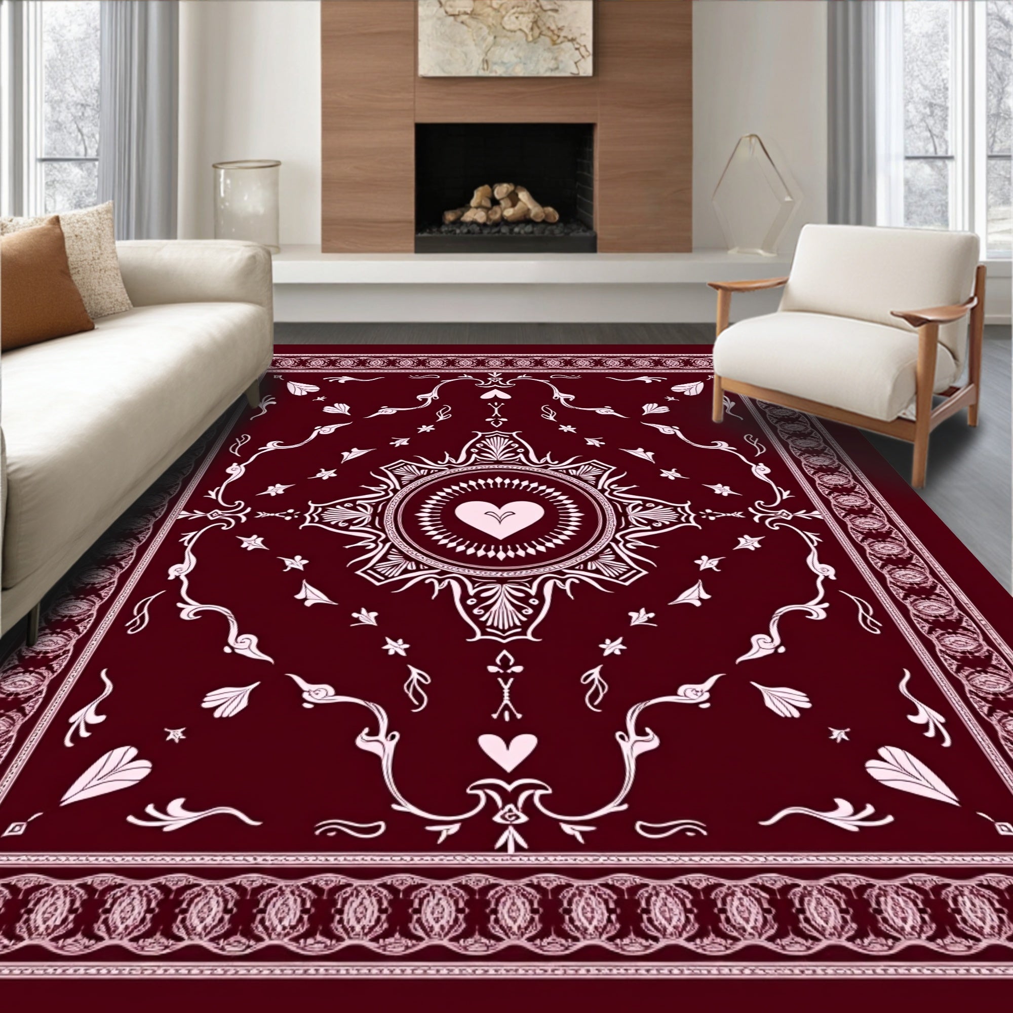 Crimson Heart Mandala Floral Border Rug