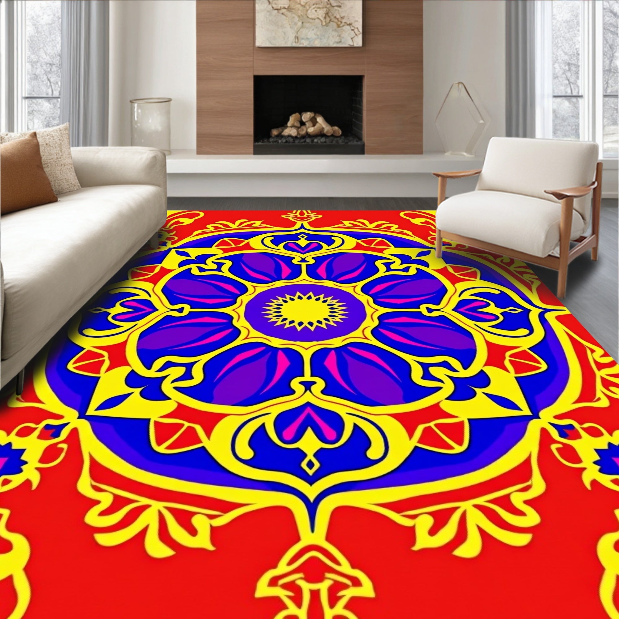 Vibrant Red Blue Yellow Floral Mandala Rug