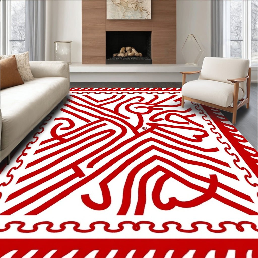 Red Abstract Swirls Bordered Rug