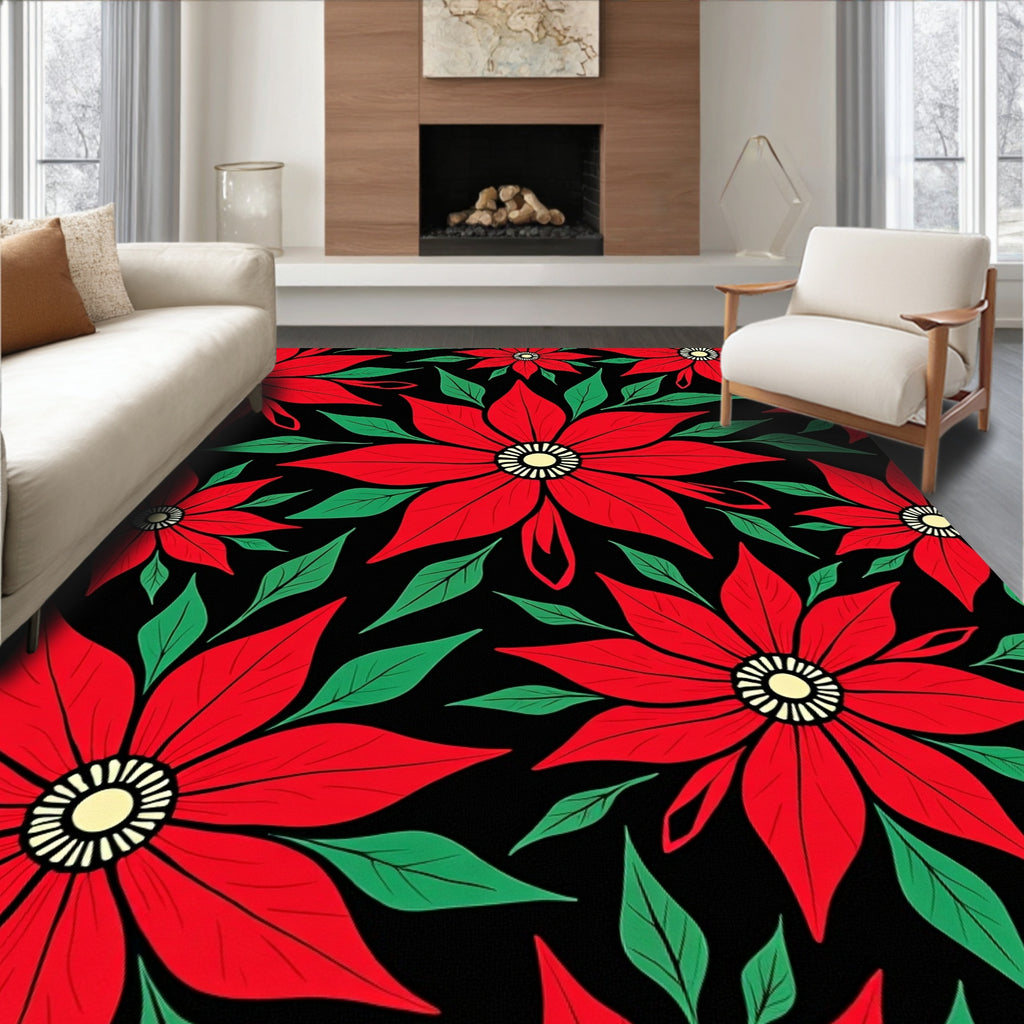 Bold Red Floral Poinsettia Swirl Rug