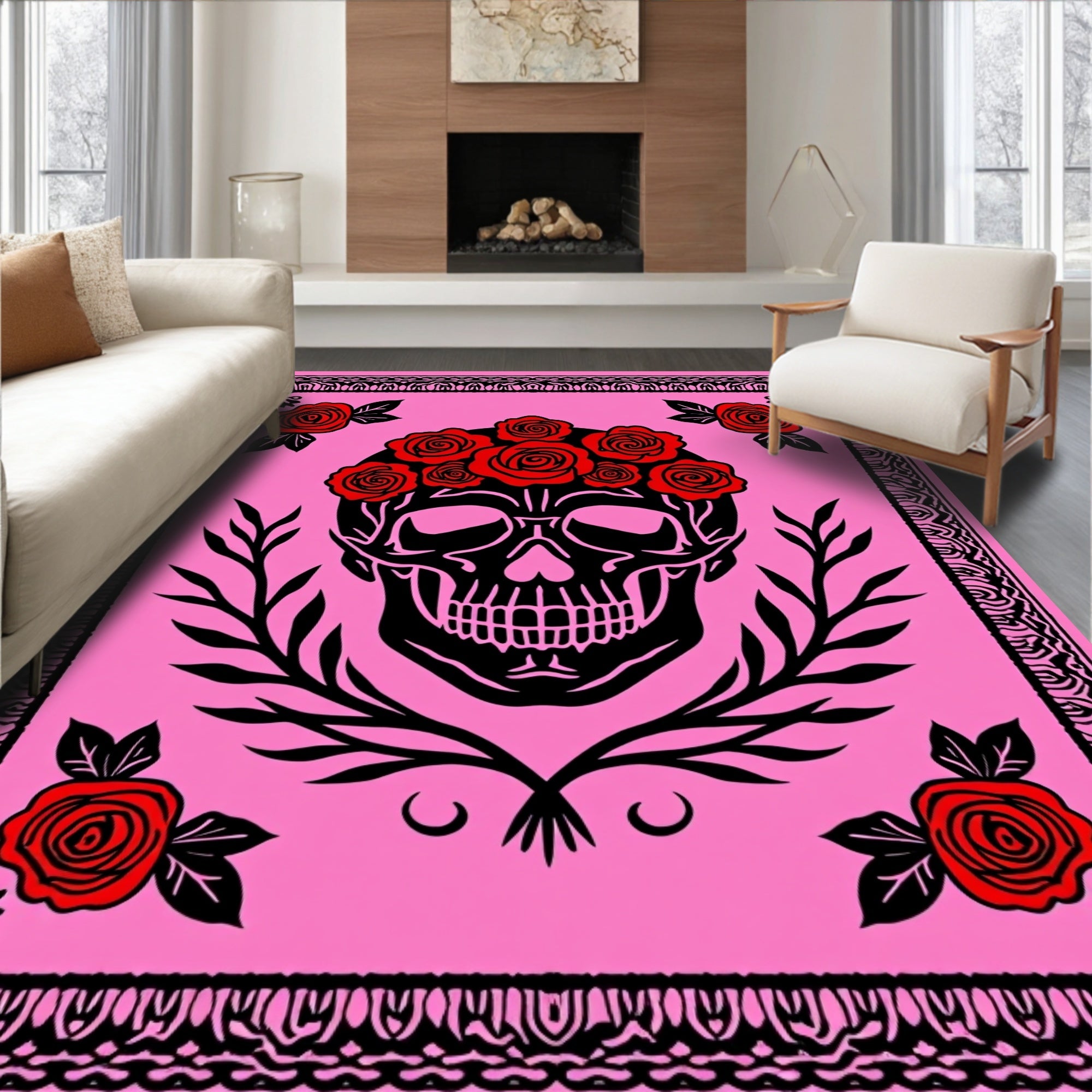Black Skull Red Rose Garland Pink Background Rug