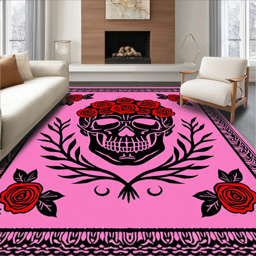 Black Skull Red Rose Garland Pink Background Rug